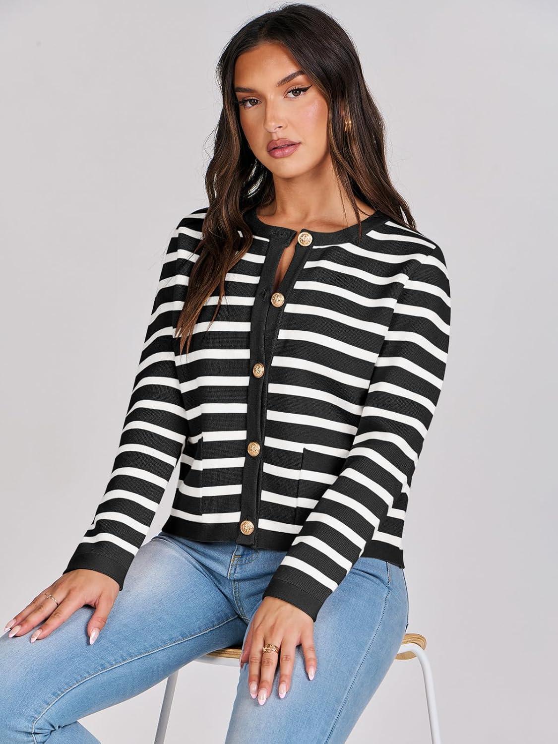 imageANRABESS Women Striped Cardigan Sweaters Button Down Cropped Knit Lady Jackets Coat 2025 Fall Outfits Trendy ClothesBlack White Stripe