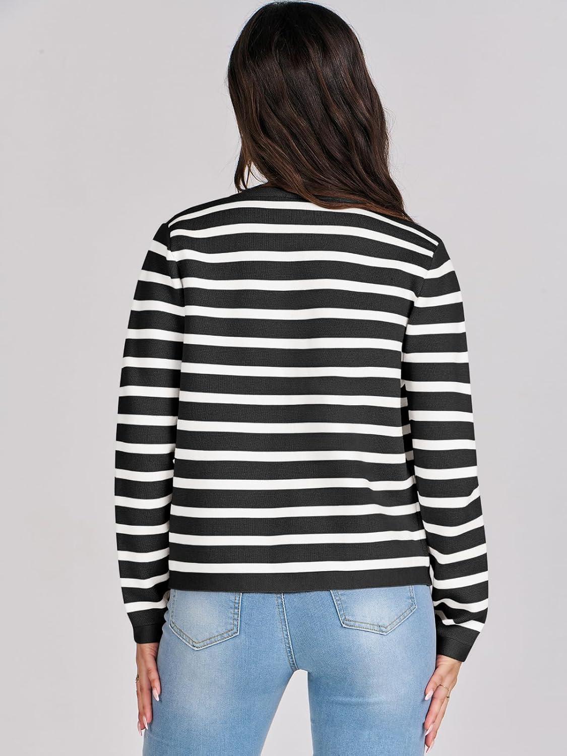 imageANRABESS Women Striped Cardigan Sweaters Button Down Cropped Knit Lady Jackets Coat 2025 Fall Outfits Trendy ClothesBlack White Stripe