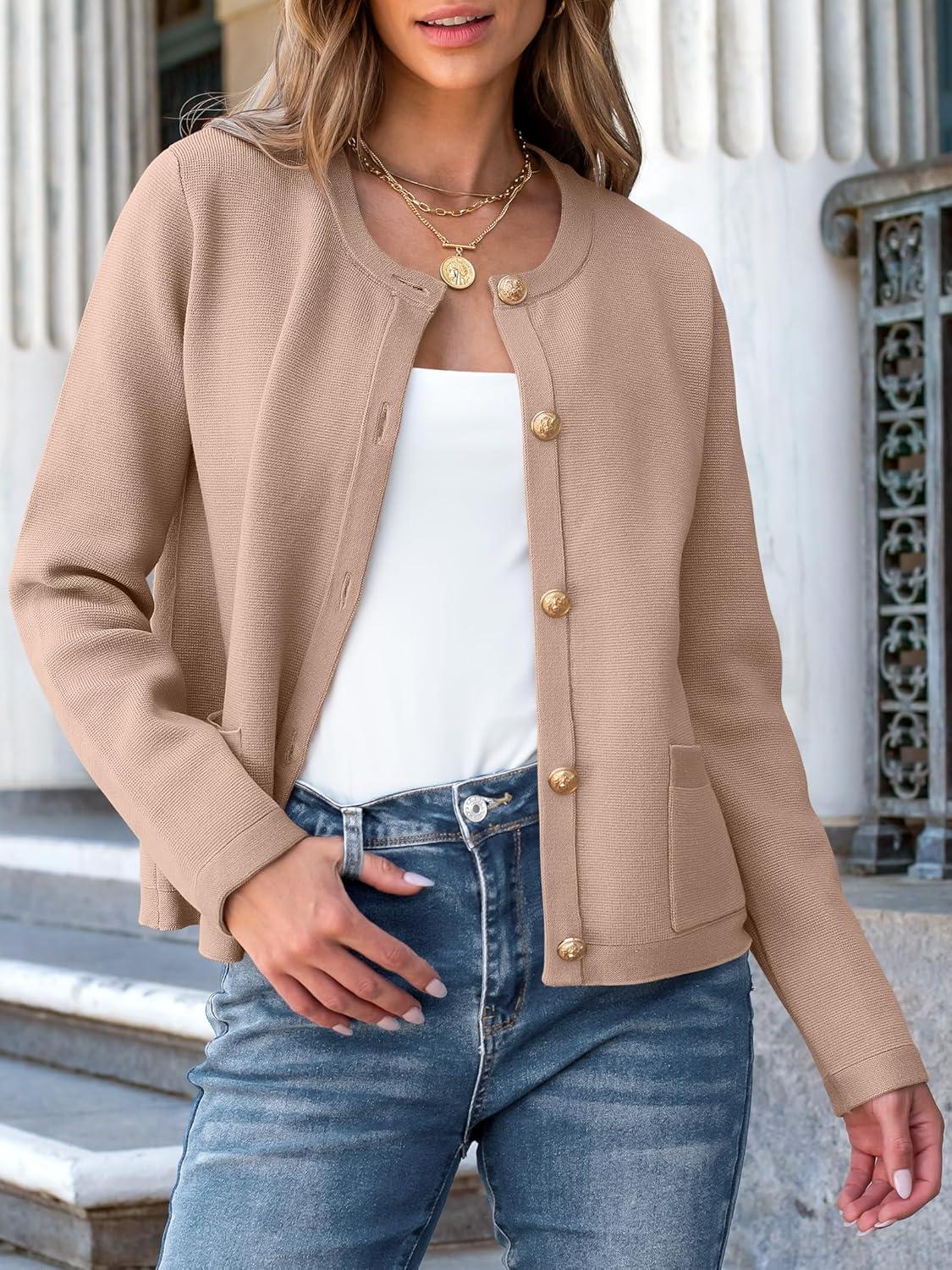 imageANRABESS Women Striped Cardigan Sweaters Button Down Cropped Knit Lady Jackets Coat 2025 Fall Outfits Trendy ClothesKhaki