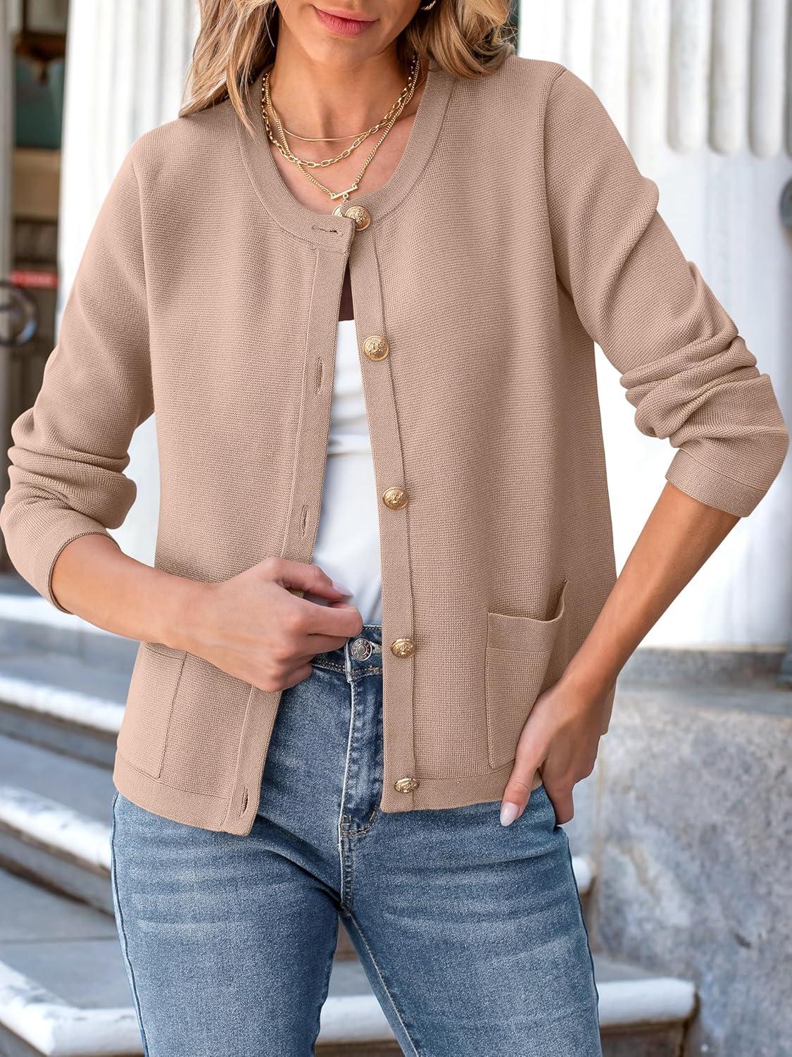 imageANRABESS Women Striped Cardigan Sweaters Button Down Cropped Knit Lady Jackets Coat 2025 Fall Outfits Trendy ClothesKhaki