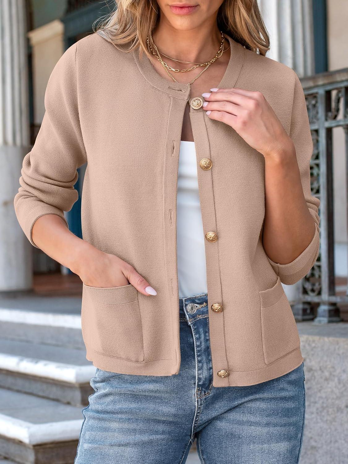 imageANRABESS Women Striped Cardigan Sweaters Button Down Cropped Knit Lady Jackets Coat 2025 Fall Outfits Trendy ClothesKhaki