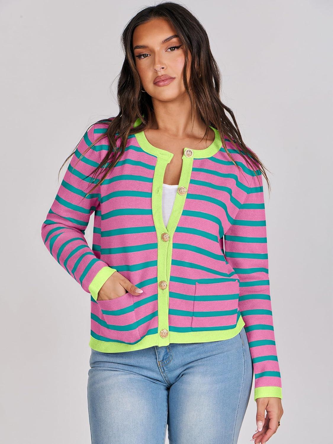 imageANRABESS Women Striped Cardigan Sweaters Button Down Cropped Knit Lady Jackets Coat 2025 Fall Outfits Trendy ClothesPink Green