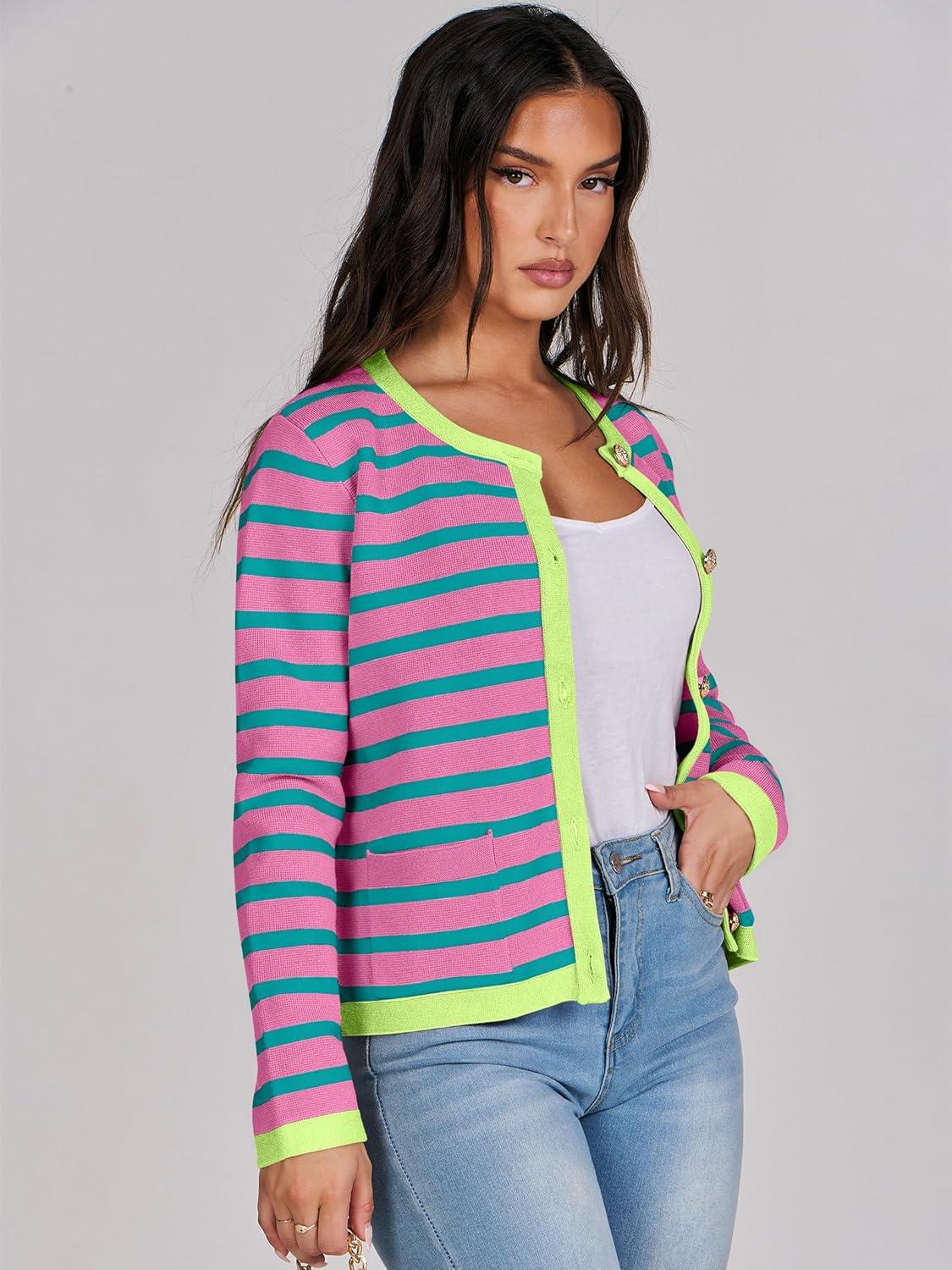 imageANRABESS Women Striped Cardigan Sweaters Button Down Cropped Knit Lady Jackets Coat 2025 Fall Outfits Trendy ClothesPink Green
