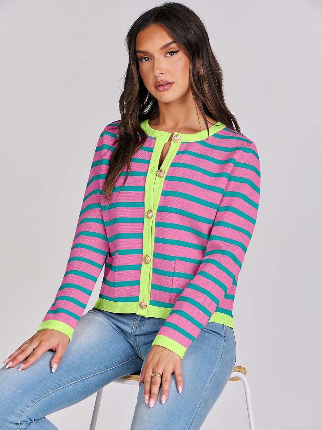 imageANRABESS Women Striped Cardigan Sweaters Button Down Cropped Knit Lady Jackets Coat 2025 Fall Outfits Trendy ClothesPink Green