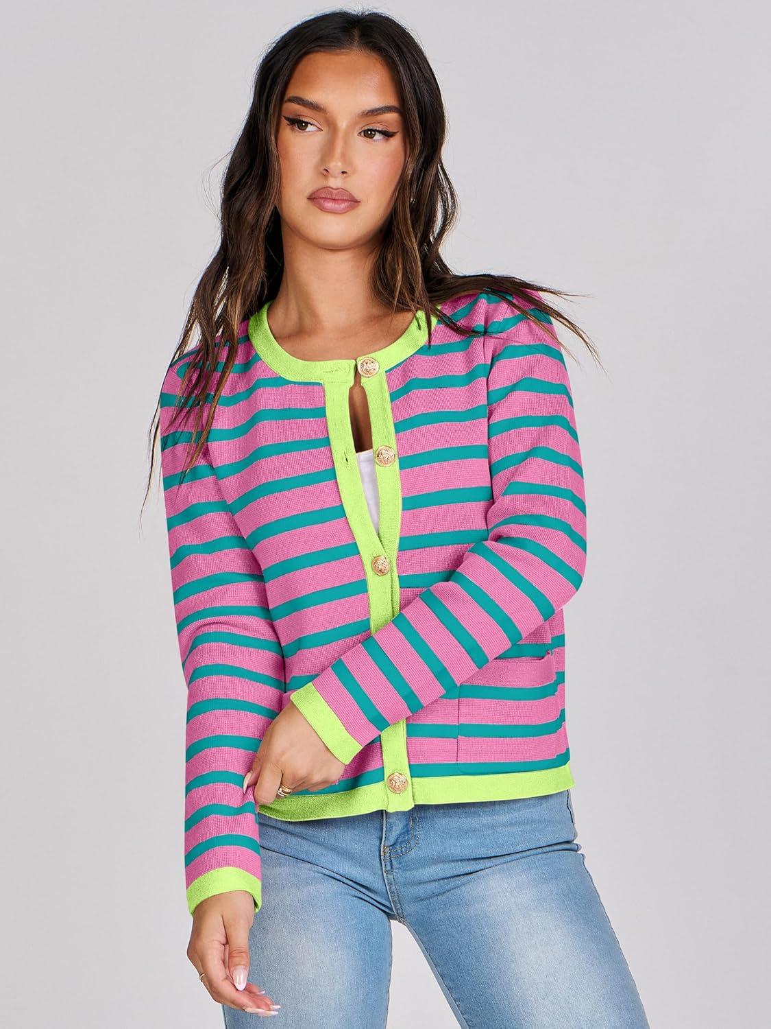 imageANRABESS Women Striped Cardigan Sweaters Button Down Cropped Knit Lady Jackets Coat 2025 Fall Outfits Trendy ClothesPink Green