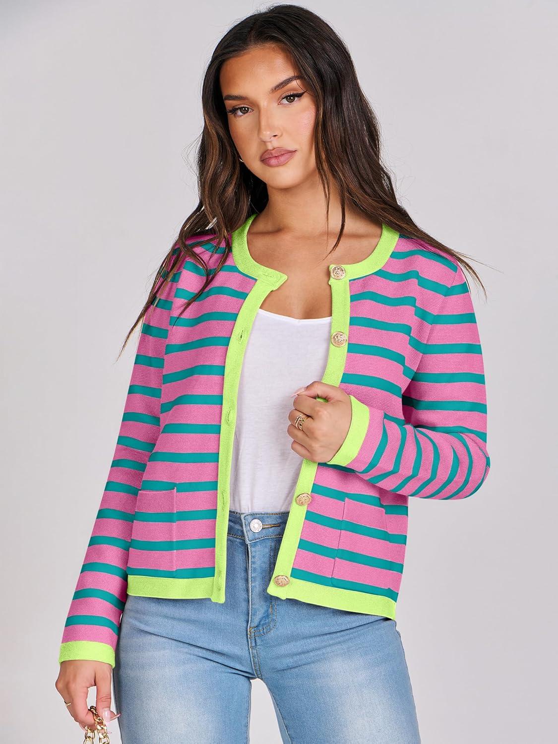 imageANRABESS Women Striped Cardigan Sweaters Button Down Cropped Knit Lady Jackets Coat 2025 Fall Outfits Trendy ClothesPink Green