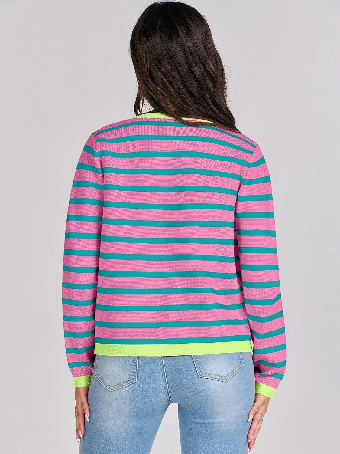 imageANRABESS Women Striped Cardigan Sweaters Button Down Cropped Knit Lady Jackets Coat 2025 Fall Outfits Trendy ClothesPink Green