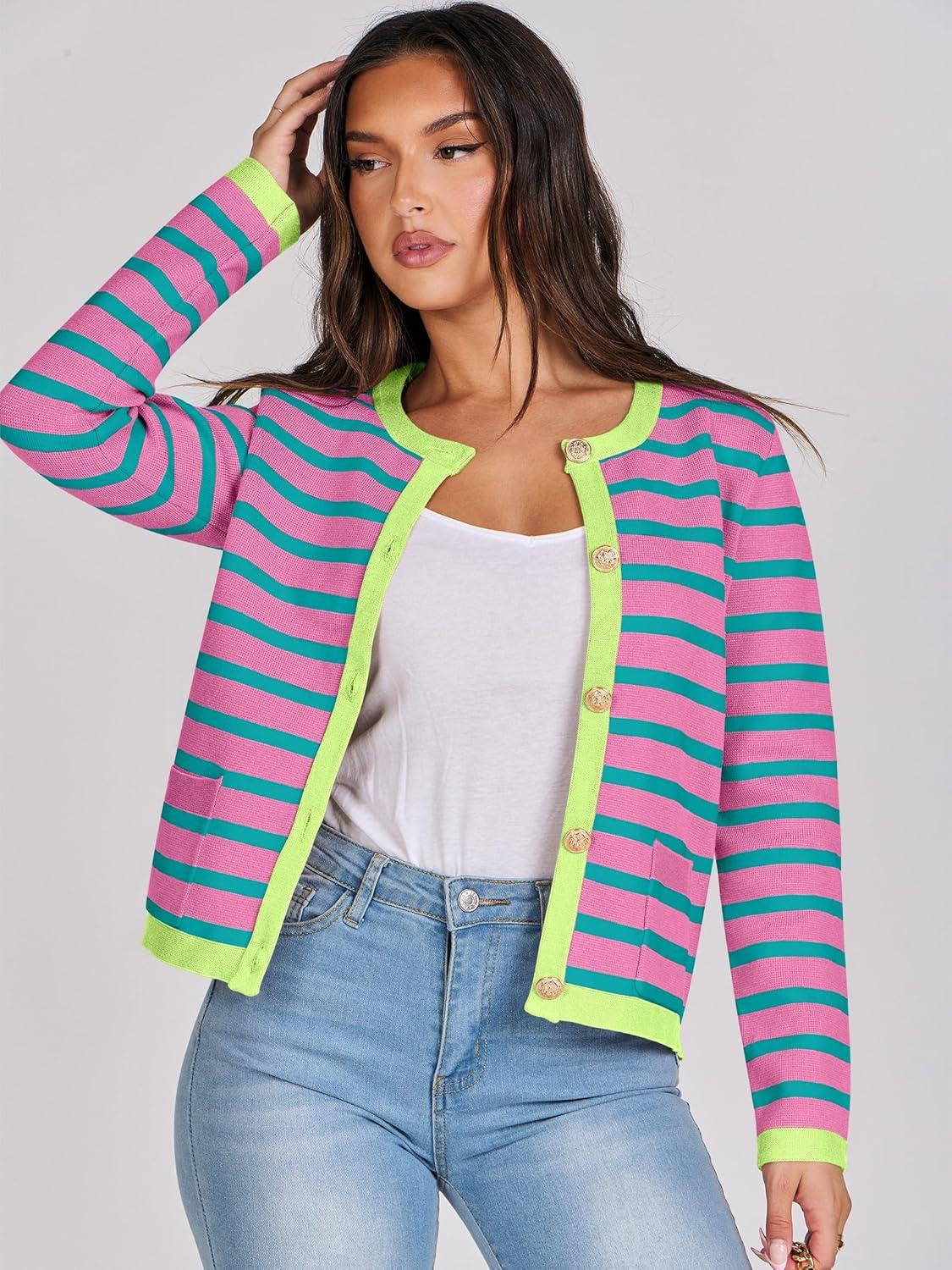 imageANRABESS Women Striped Cardigan Sweaters Button Down Cropped Knit Lady Jackets Coat 2025 Fall Outfits Trendy ClothesPink Green