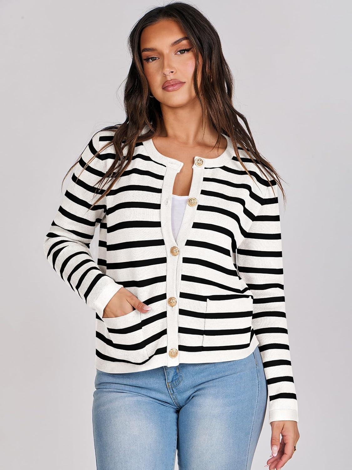 imageANRABESS Women Striped Cardigan Sweaters Button Down Cropped Knit Lady Jackets Coat 2025 Fall Outfits Trendy ClothesWhite Black Stripe