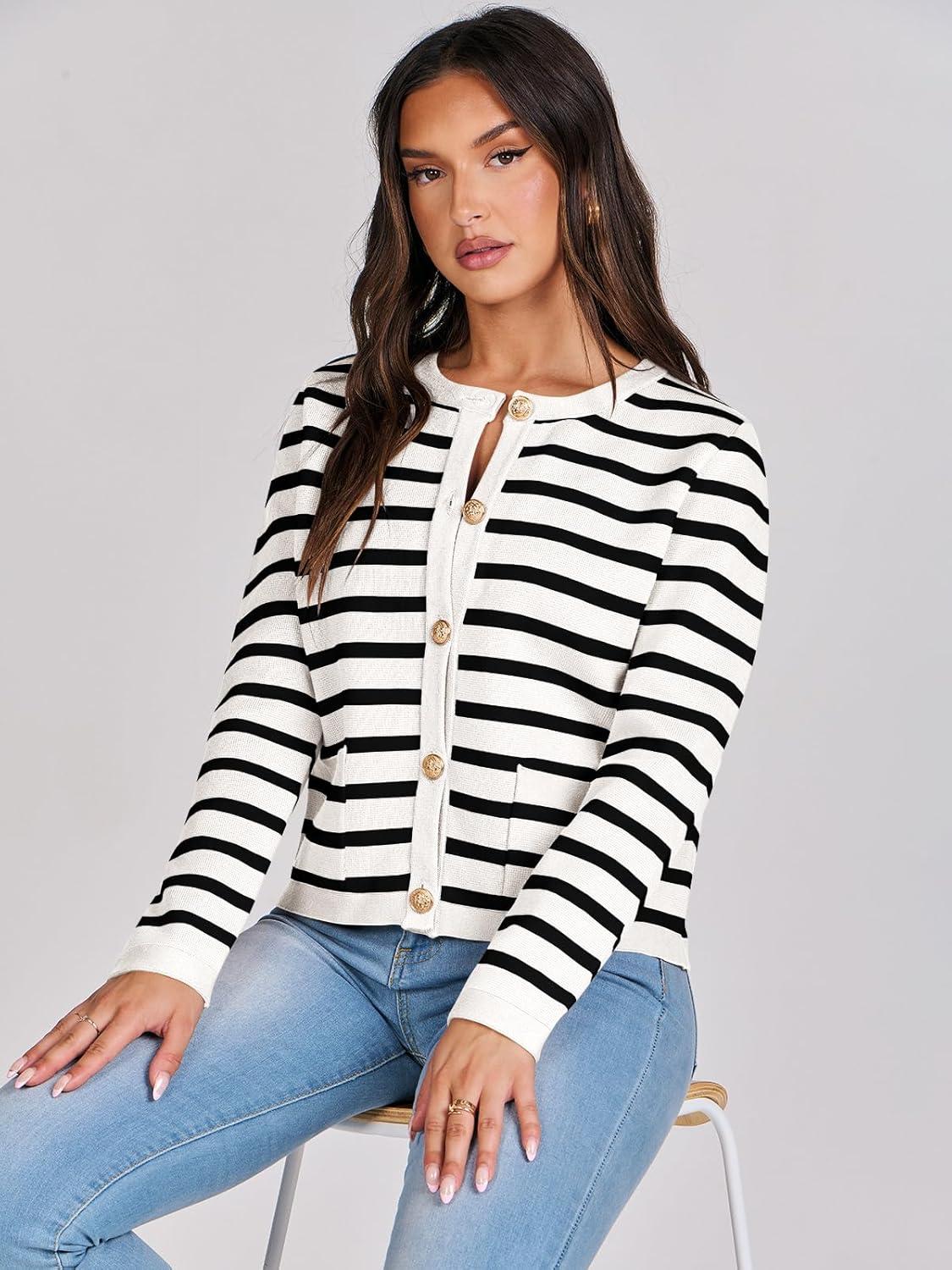 imageANRABESS Women Striped Cardigan Sweaters Button Down Cropped Knit Lady Jackets Coat 2025 Fall Outfits Trendy ClothesWhite Black Stripe