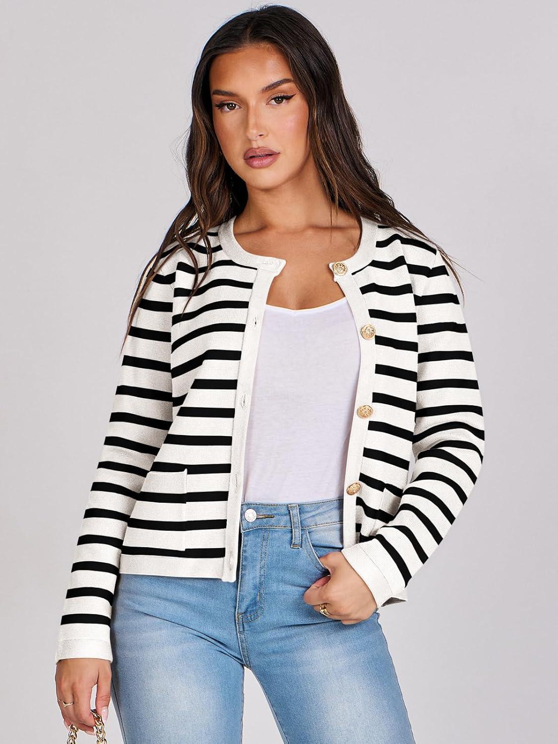 imageANRABESS Women Striped Cardigan Sweaters Button Down Cropped Knit Lady Jackets Coat 2025 Fall Outfits Trendy ClothesWhite Black Stripe