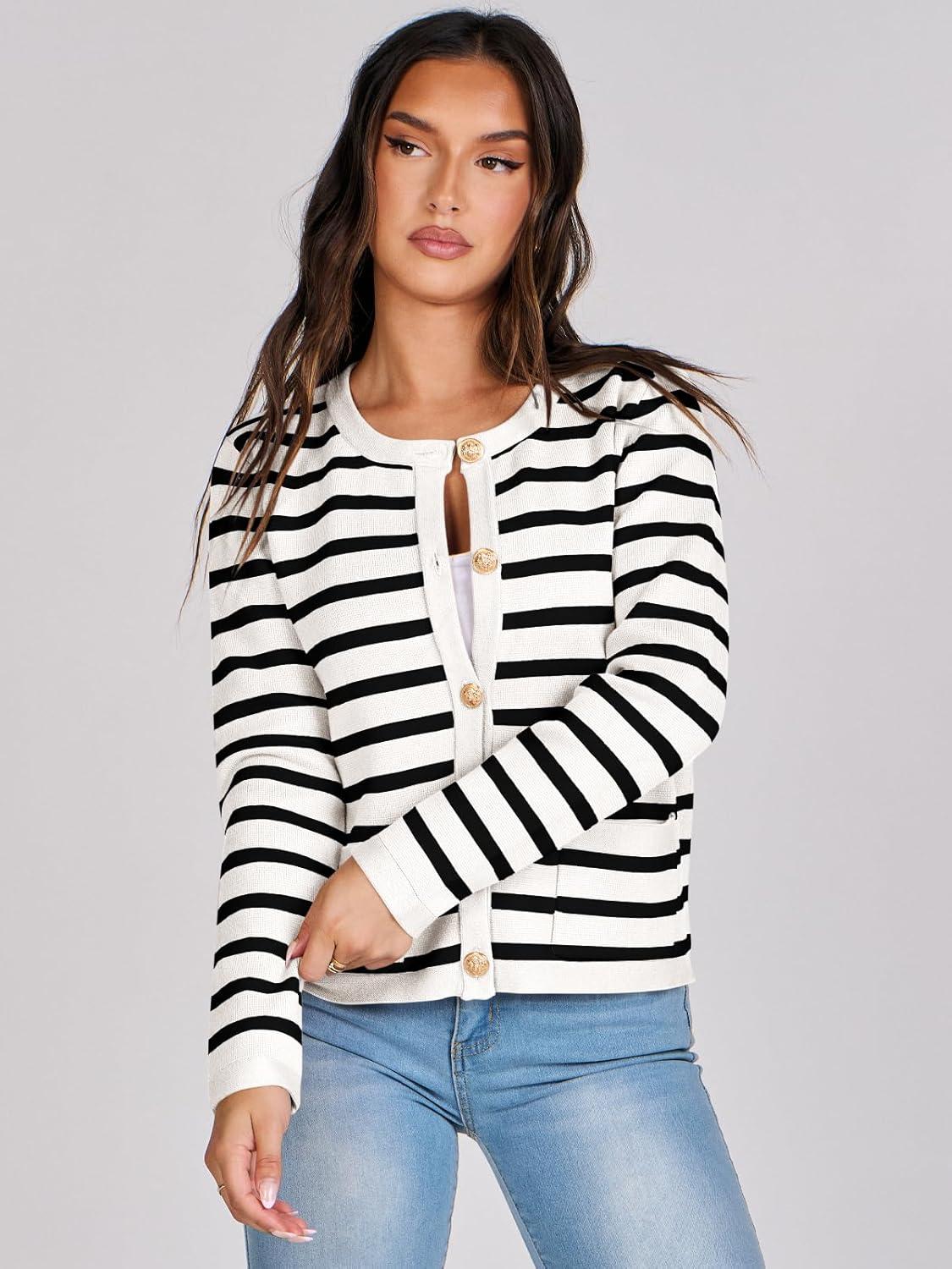 imageANRABESS Women Striped Cardigan Sweaters Button Down Cropped Knit Lady Jackets Coat 2025 Fall Outfits Trendy ClothesWhite Black Stripe