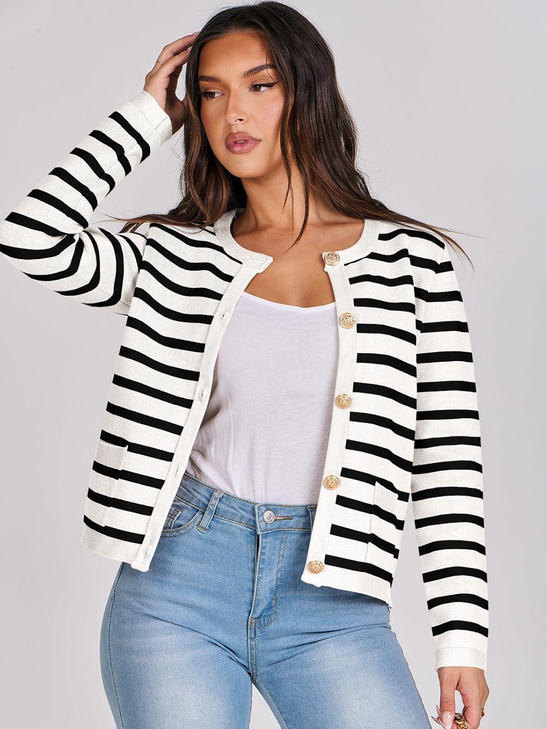 imageANRABESS Women Striped Cardigan Sweaters Button Down Cropped Knit Lady Jackets Coat 2025 Fall Outfits Trendy ClothesWhite Black Stripe