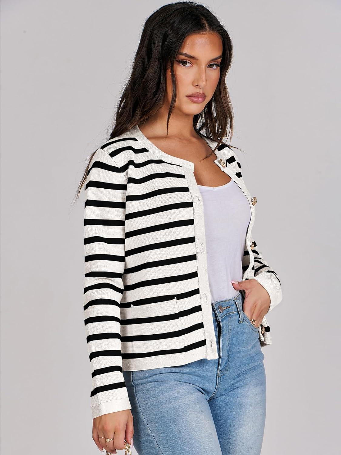 imageANRABESS Women Striped Cardigan Sweaters Button Down Cropped Knit Lady Jackets Coat 2025 Fall Outfits Trendy ClothesWhite Black Stripe