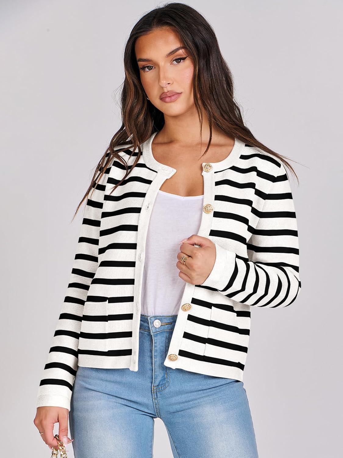 imageANRABESS Women Striped Cardigan Sweaters Button Down Cropped Knit Lady Jackets Coat 2025 Fall Outfits Trendy ClothesWhite Black Stripe