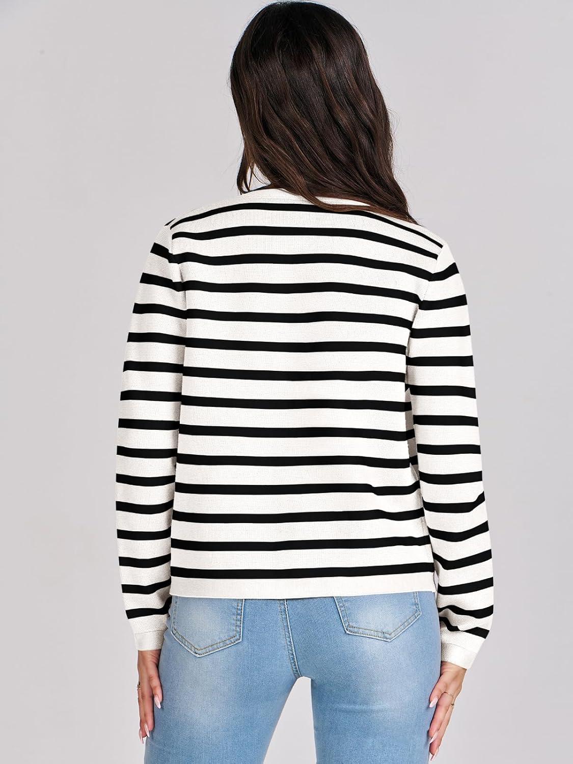imageANRABESS Women Striped Cardigan Sweaters Button Down Cropped Knit Lady Jackets Coat 2025 Fall Outfits Trendy ClothesWhite Black Stripe