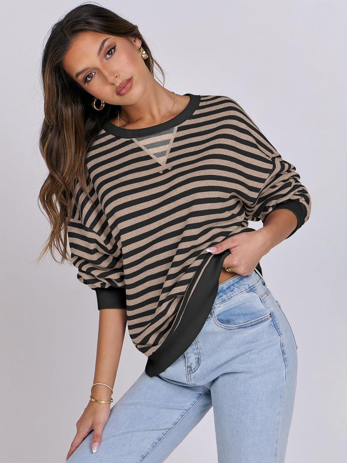 imageANRABESS Women Striped Sweatshirts Oversized Crewneck Long Sleeve Shirts Y2K Pullover Top 2025 Fall Outfits Fashion ClothesBlack Grey
