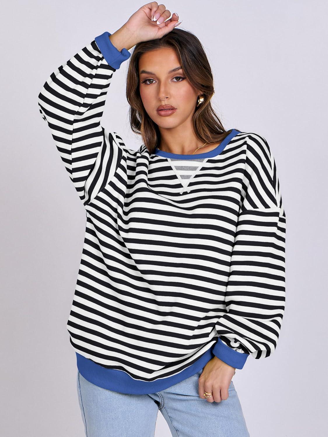 imageANRABESS Women Striped Sweatshirts Oversized Crewneck Long Sleeve Shirts Y2K Pullover Top 2025 Fall Outfits Fashion ClothesBlack White