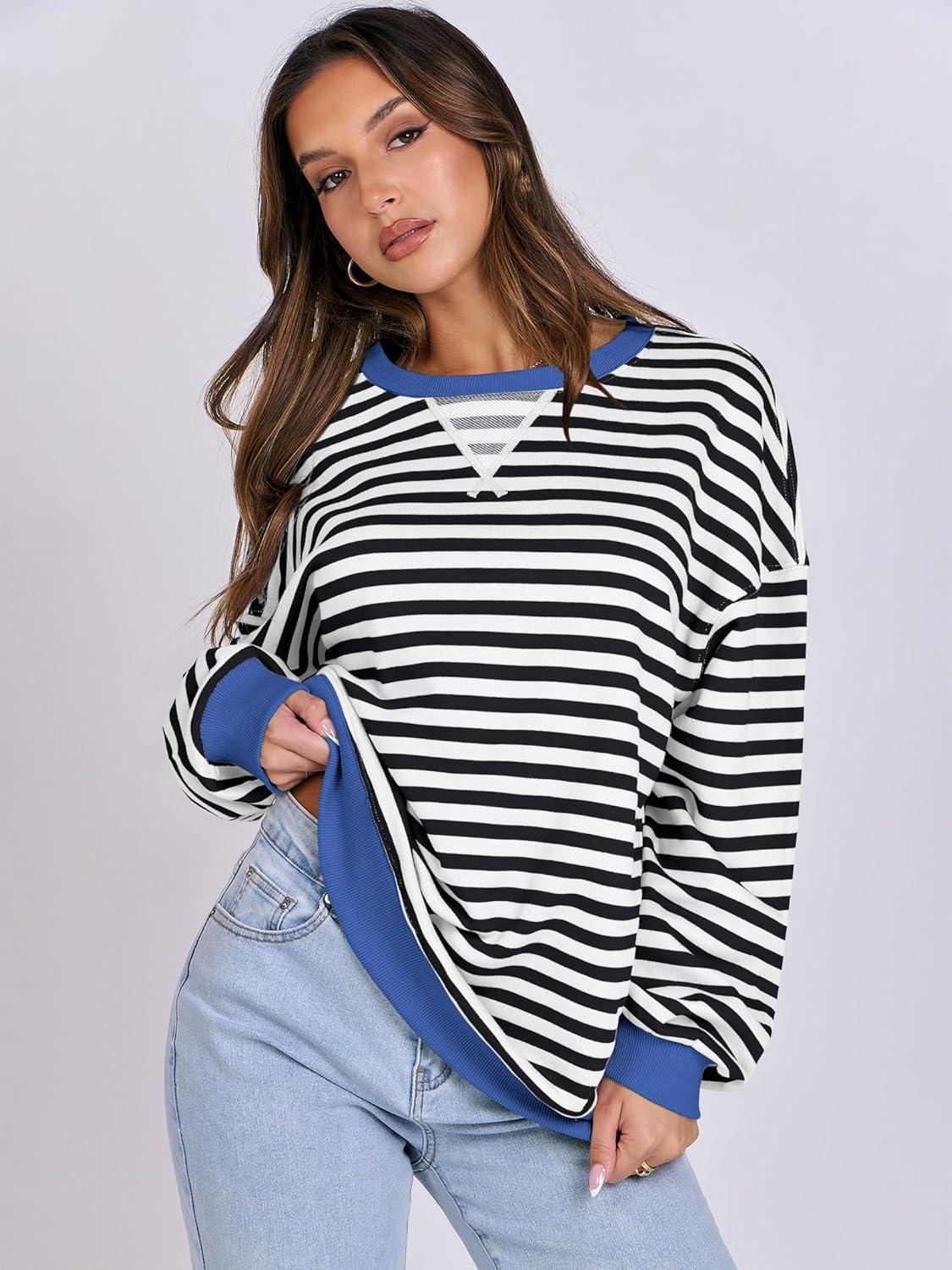 imageANRABESS Women Striped Sweatshirts Oversized Crewneck Long Sleeve Shirts Y2K Pullover Top 2025 Fall Outfits Fashion ClothesBlack White