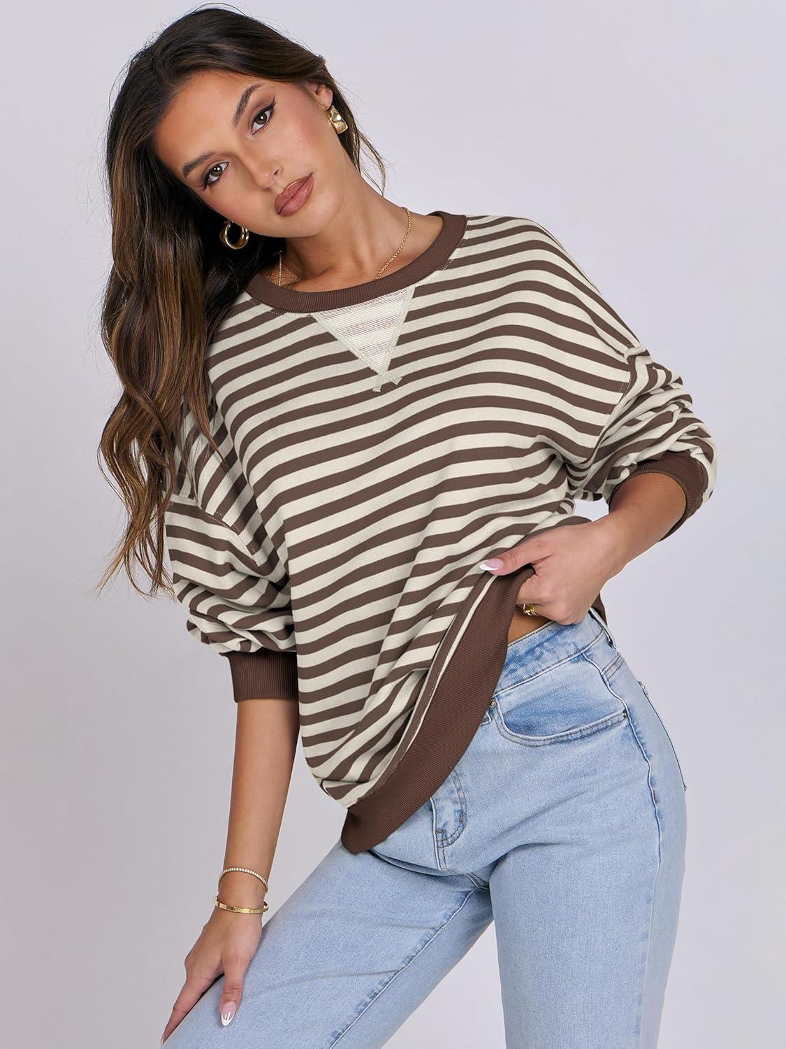 imageANRABESS Women Striped Sweatshirts Oversized Crewneck Long Sleeve Shirts Y2K Pullover Top 2025 Fall Outfits Fashion ClothesBrown White