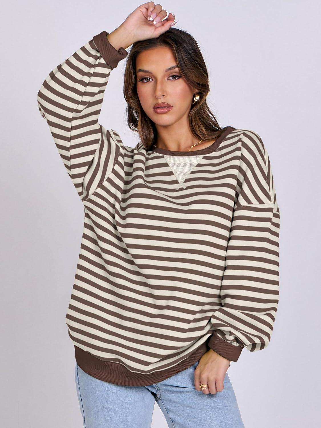 imageANRABESS Women Striped Sweatshirts Oversized Crewneck Long Sleeve Shirts Y2K Pullover Top 2025 Fall Outfits Fashion ClothesBrown White