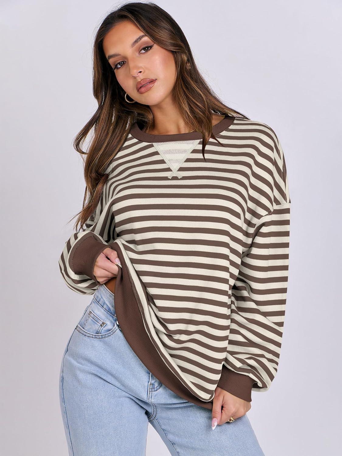 imageANRABESS Women Striped Sweatshirts Oversized Crewneck Long Sleeve Shirts Y2K Pullover Top 2025 Fall Outfits Fashion ClothesBrown White