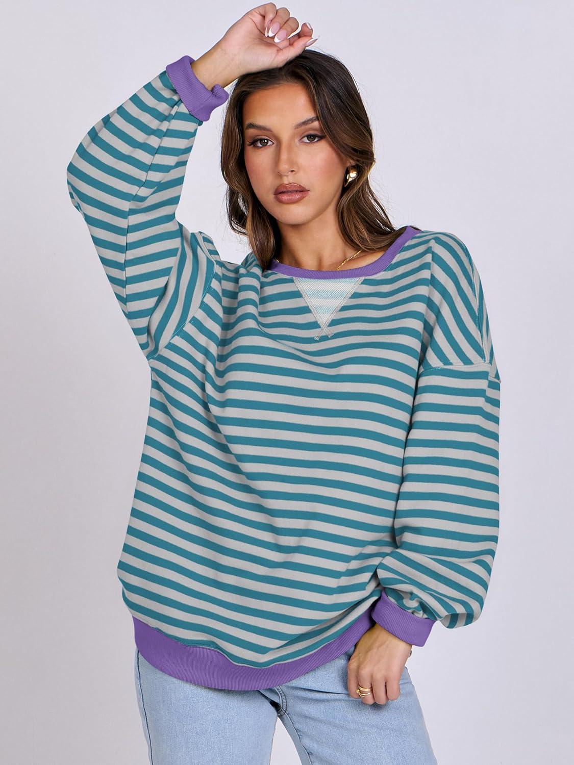 imageANRABESS Women Striped Sweatshirts Oversized Crewneck Long Sleeve Shirts Y2K Pullover Top 2025 Fall Outfits Fashion ClothesGreen Grey