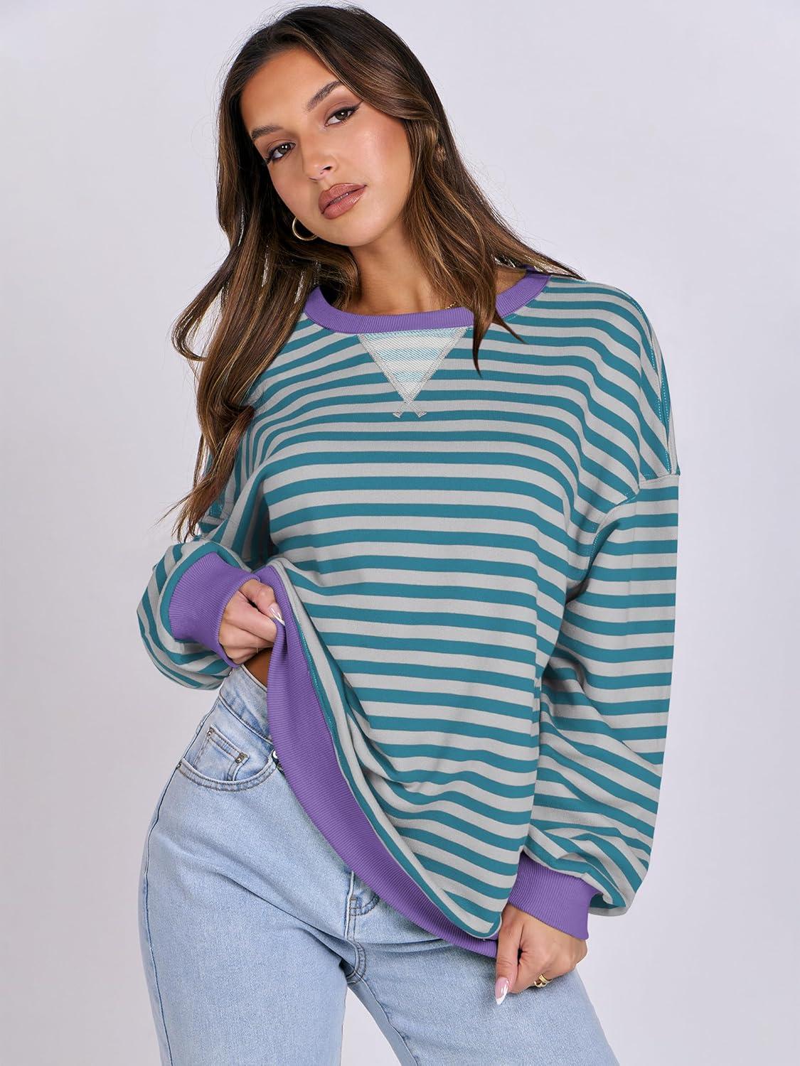 imageANRABESS Women Striped Sweatshirts Oversized Crewneck Long Sleeve Shirts Y2K Pullover Top 2025 Fall Outfits Fashion ClothesGreen Grey