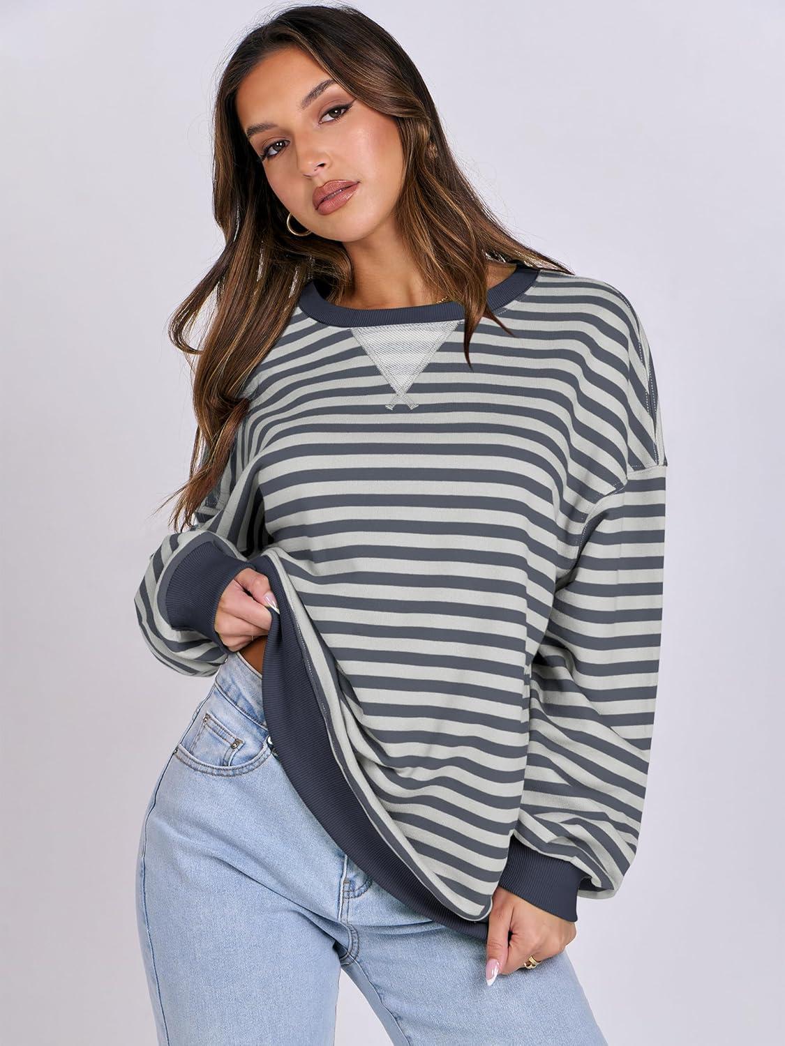 imageANRABESS Women Striped Sweatshirts Oversized Crewneck Long Sleeve Shirts Y2K Pullover Top 2025 Fall Outfits Fashion ClothesGrey Blue