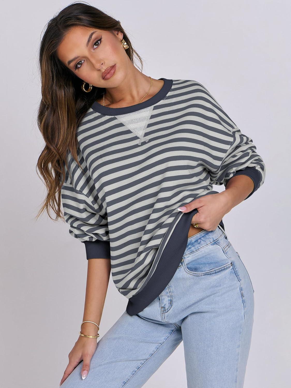 imageANRABESS Women Striped Sweatshirts Oversized Crewneck Long Sleeve Shirts Y2K Pullover Top 2025 Fall Outfits Fashion ClothesGrey Blue