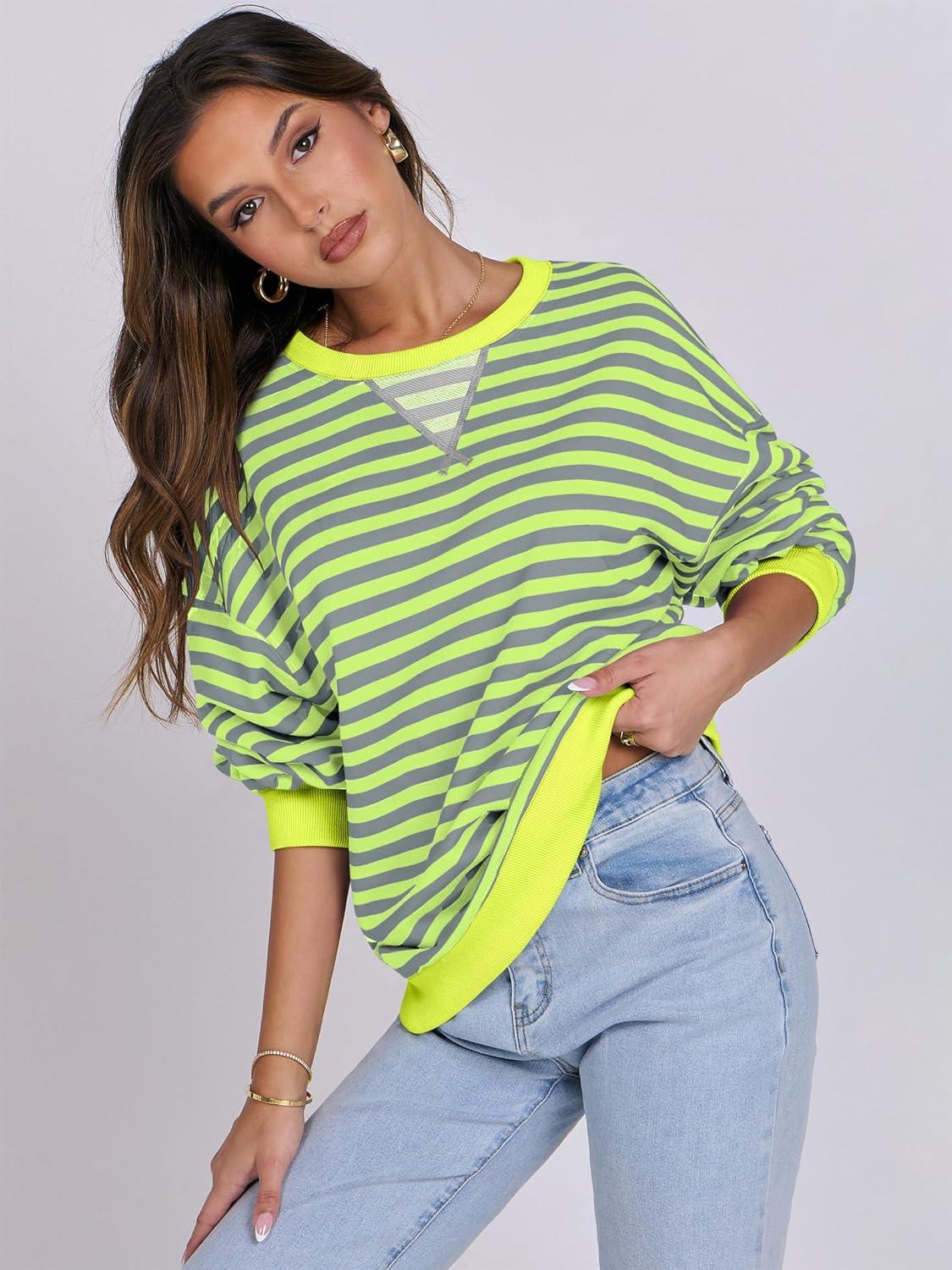 imageANRABESS Women Striped Sweatshirts Oversized Crewneck Long Sleeve Shirts Y2K Pullover Top 2025 Fall Outfits Fashion ClothesGrey Fluorescent Green