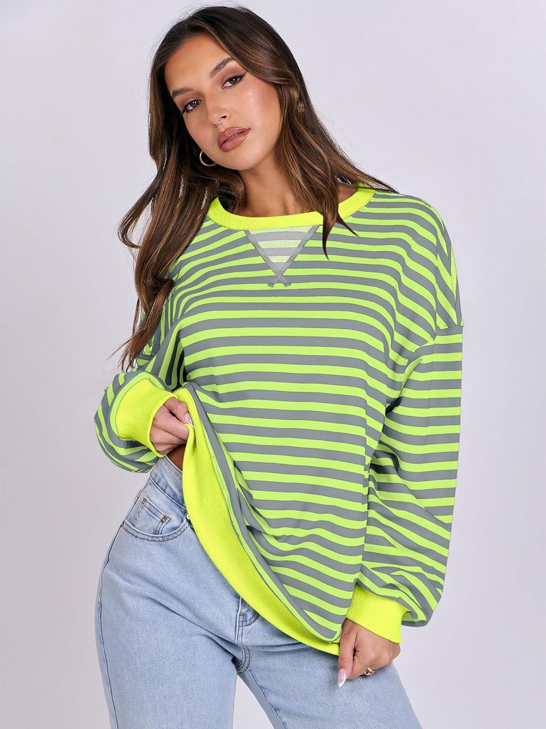imageANRABESS Women Striped Sweatshirts Oversized Crewneck Long Sleeve Shirts Y2K Pullover Top 2025 Fall Outfits Fashion ClothesGrey Fluorescent Green