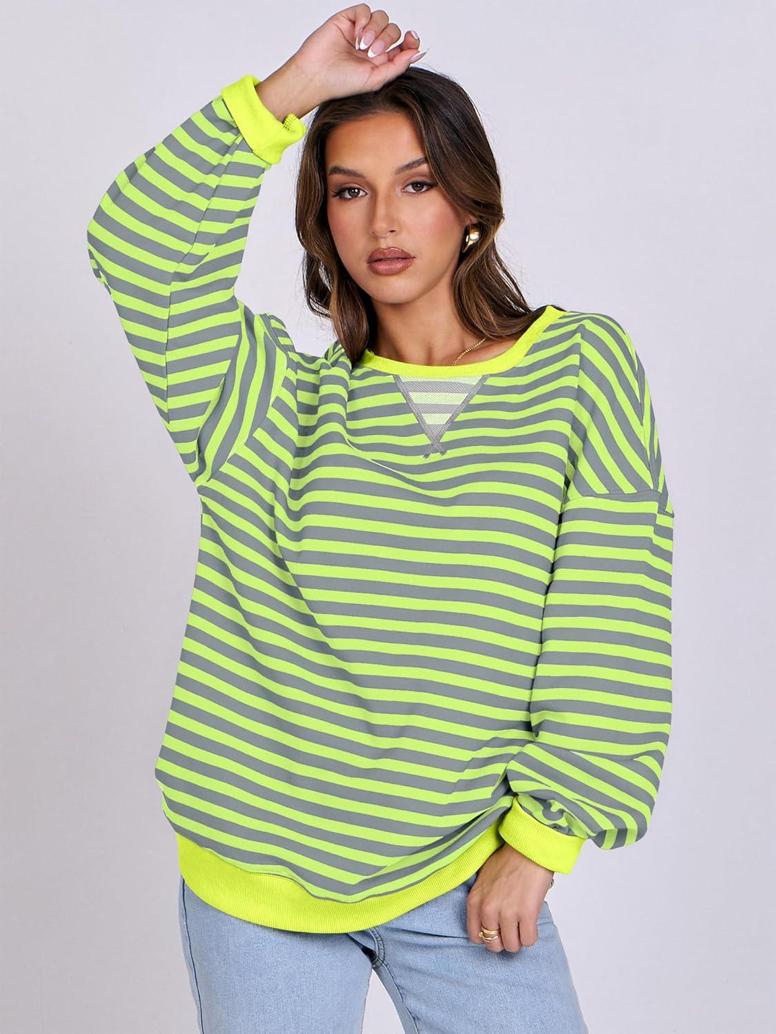 imageANRABESS Women Striped Sweatshirts Oversized Crewneck Long Sleeve Shirts Y2K Pullover Top 2025 Fall Outfits Fashion ClothesGrey Fluorescent Green