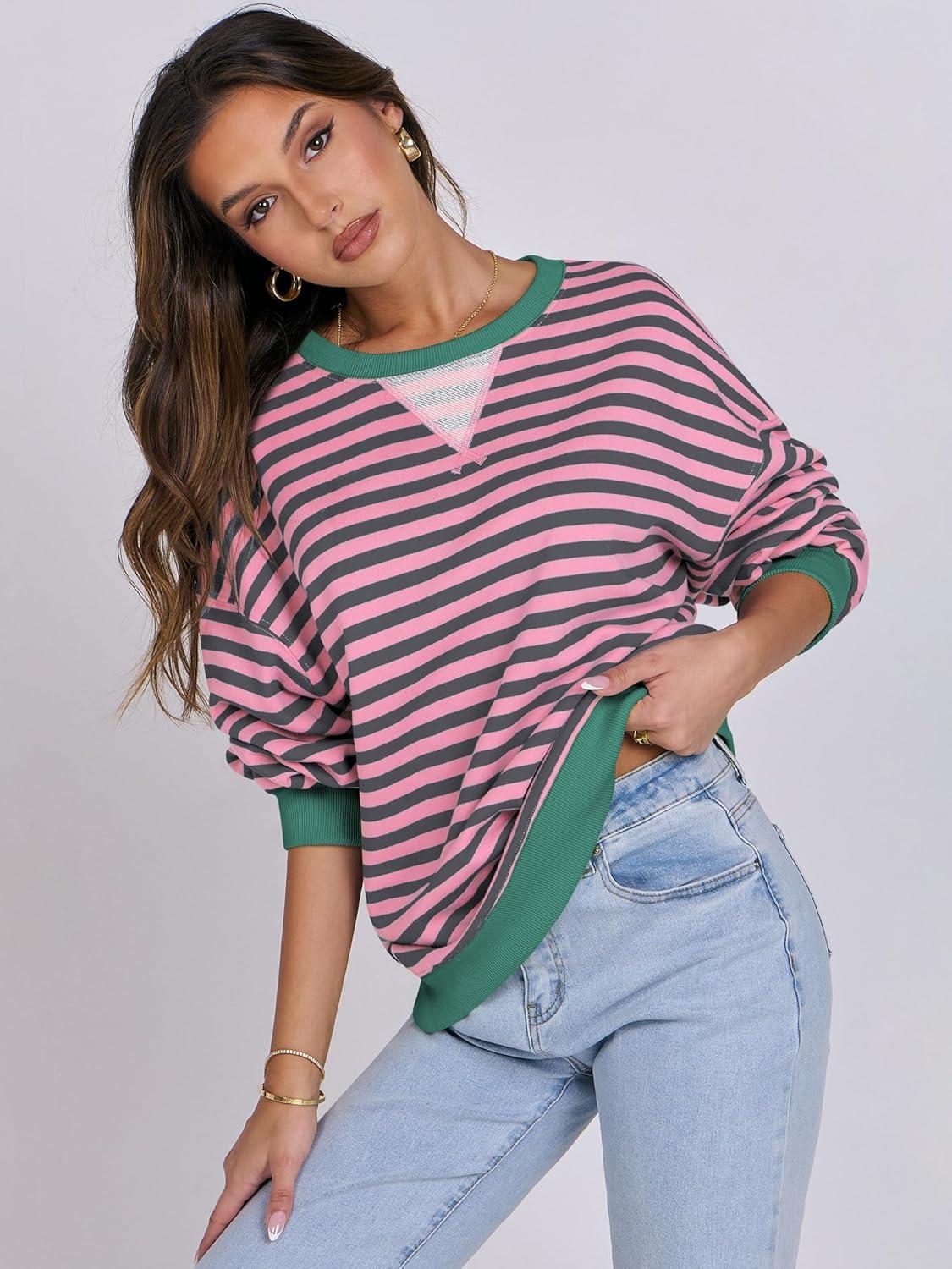 imageANRABESS Women Striped Sweatshirts Oversized Crewneck Long Sleeve Shirts Y2K Pullover Top 2025 Fall Outfits Fashion ClothesGrey Pink