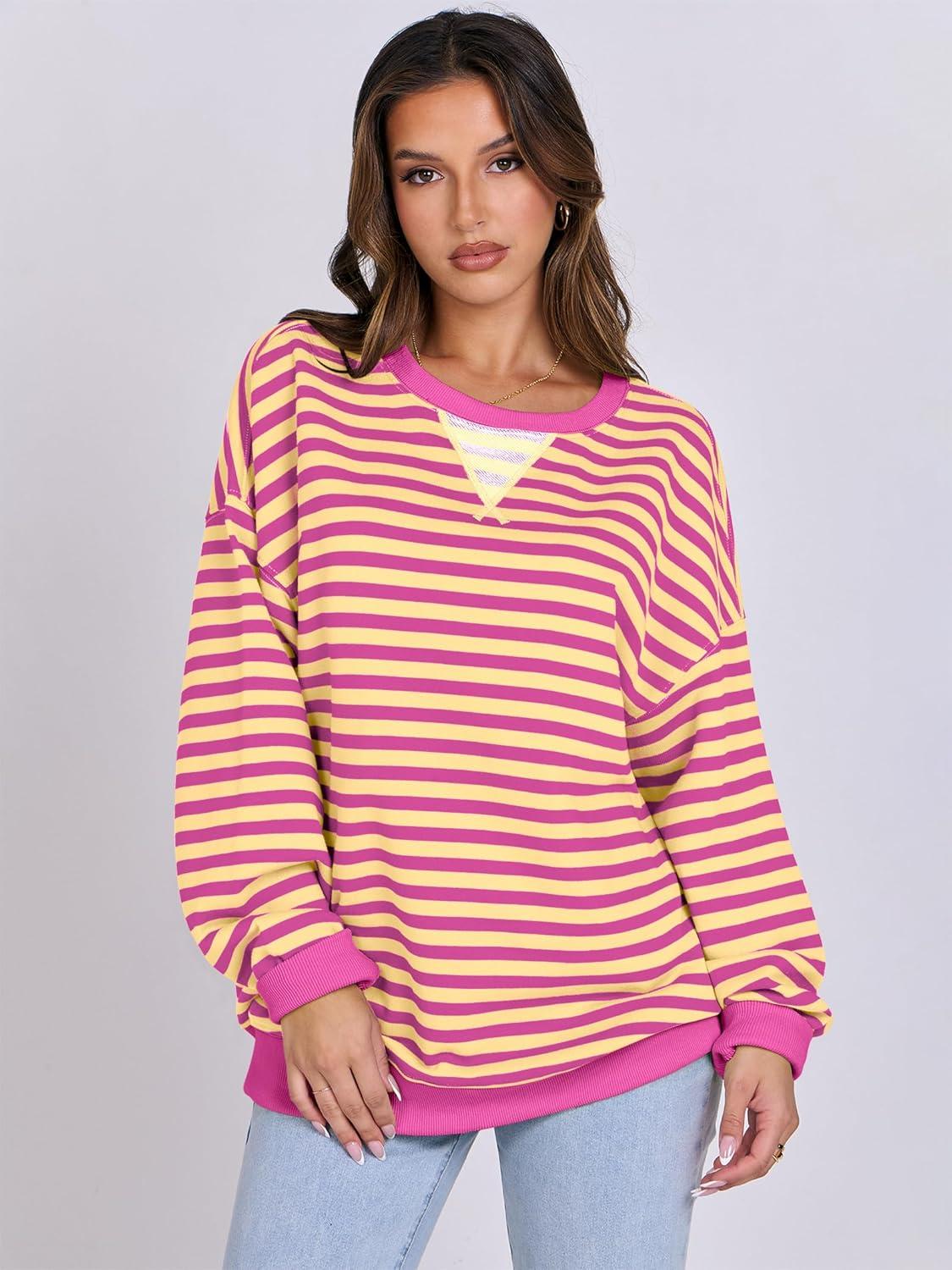 imageANRABESS Women Striped Sweatshirts Oversized Crewneck Long Sleeve Shirts Y2K Pullover Top 2025 Fall Outfits Fashion ClothesHot Pink Yellow