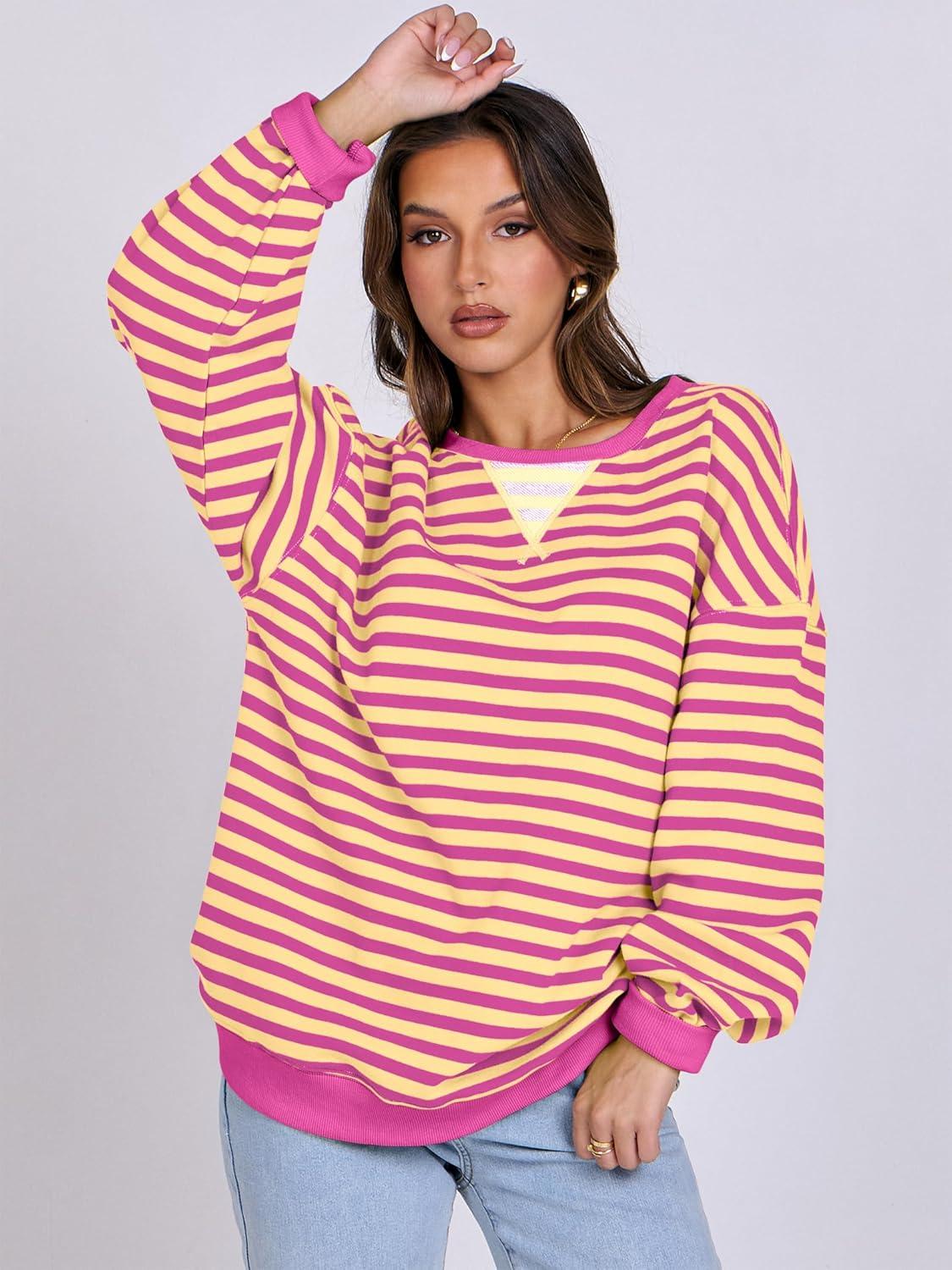 imageANRABESS Women Striped Sweatshirts Oversized Crewneck Long Sleeve Shirts Y2K Pullover Top 2025 Fall Outfits Fashion ClothesHot Pink Yellow