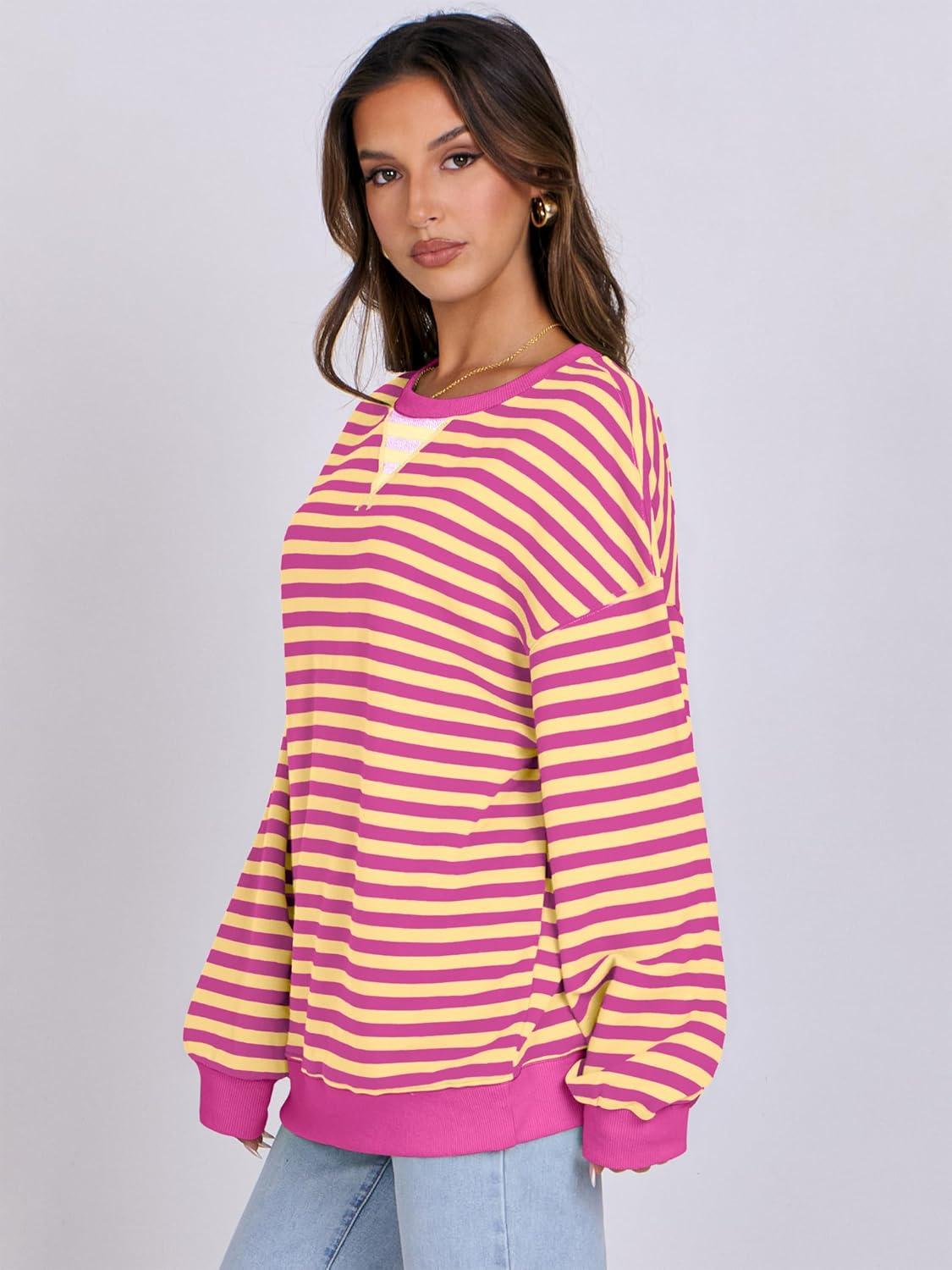 imageANRABESS Women Striped Sweatshirts Oversized Crewneck Long Sleeve Shirts Y2K Pullover Top 2025 Fall Outfits Fashion ClothesHot Pink Yellow