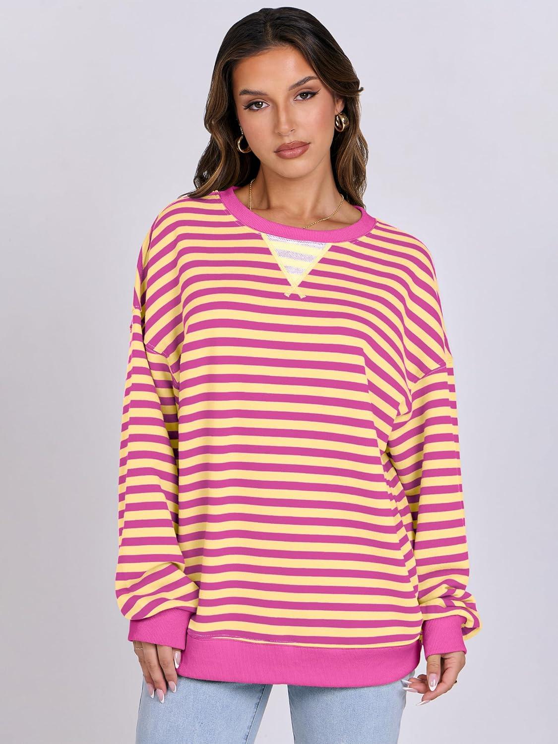 imageANRABESS Women Striped Sweatshirts Oversized Crewneck Long Sleeve Shirts Y2K Pullover Top 2025 Fall Outfits Fashion ClothesHot Pink Yellow