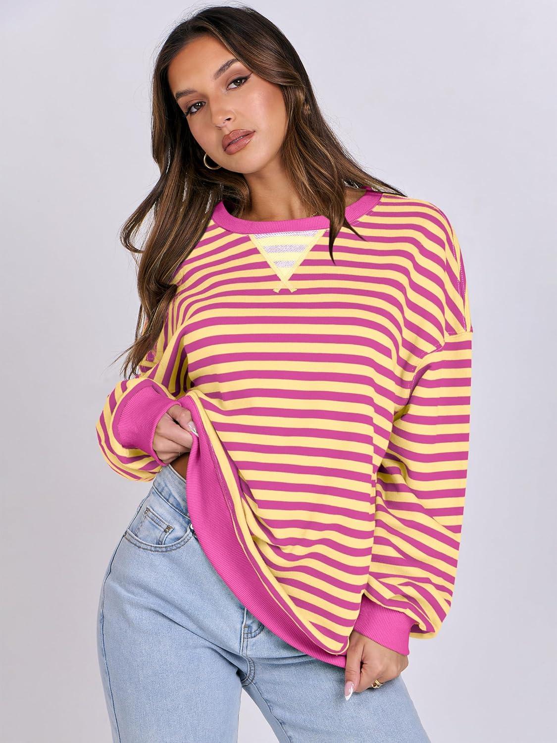imageANRABESS Women Striped Sweatshirts Oversized Crewneck Long Sleeve Shirts Y2K Pullover Top 2025 Fall Outfits Fashion ClothesHot Pink Yellow
