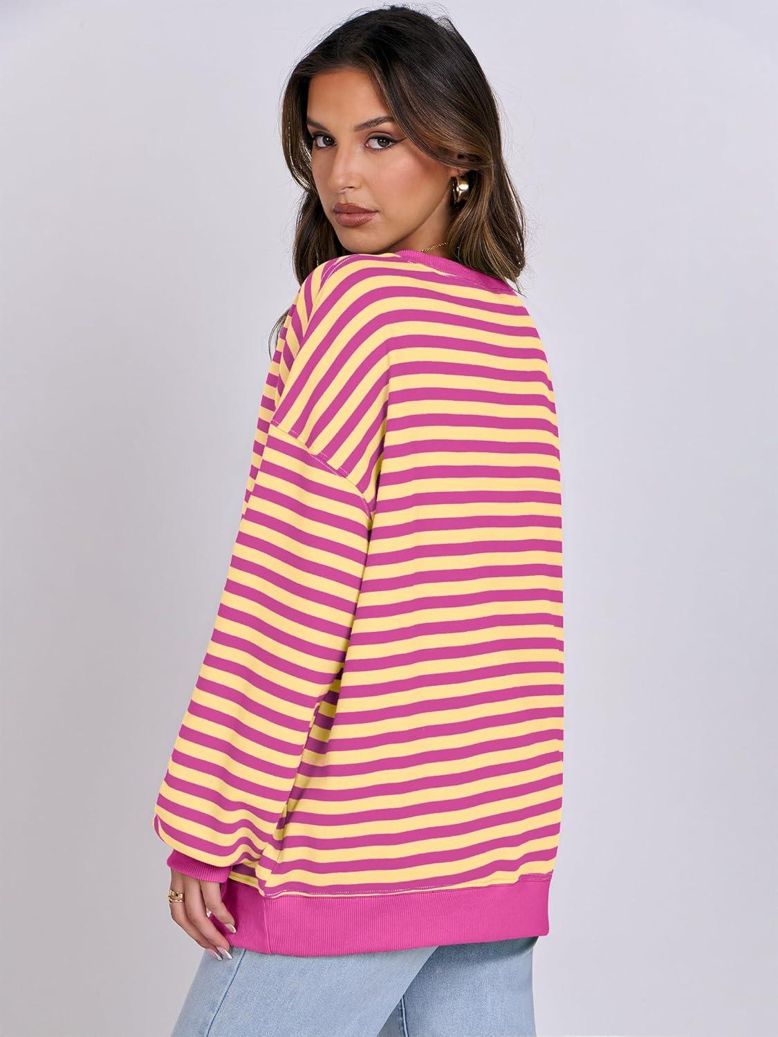 imageANRABESS Women Striped Sweatshirts Oversized Crewneck Long Sleeve Shirts Y2K Pullover Top 2025 Fall Outfits Fashion ClothesHot Pink Yellow