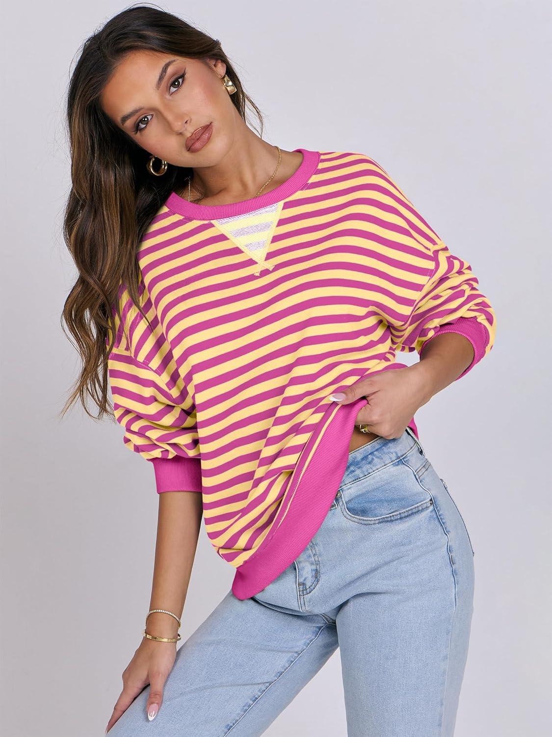 imageANRABESS Women Striped Sweatshirts Oversized Crewneck Long Sleeve Shirts Y2K Pullover Top 2025 Fall Outfits Fashion ClothesHot Pink Yellow