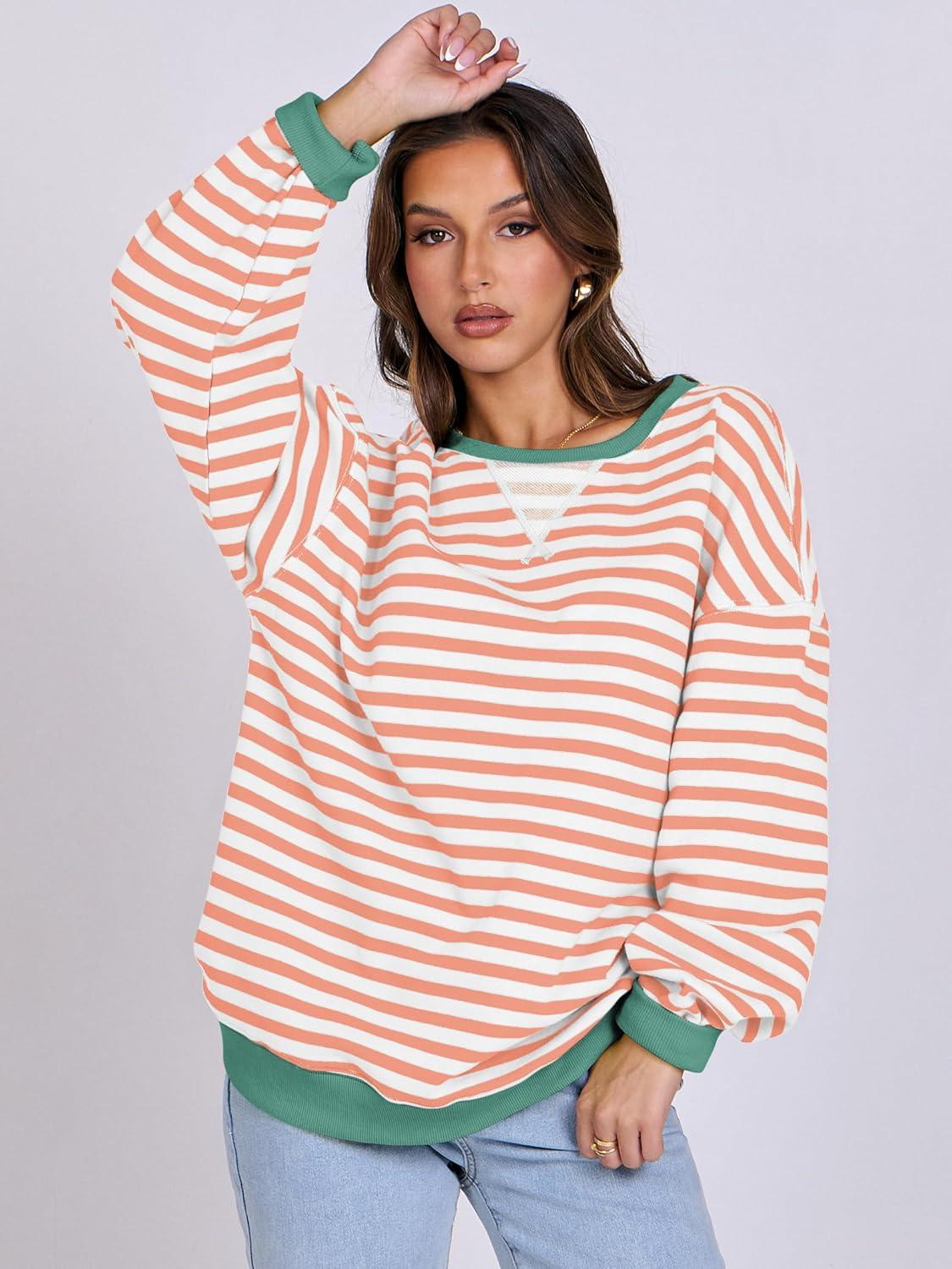imageANRABESS Women Striped Sweatshirts Oversized Crewneck Long Sleeve Shirts Y2K Pullover Top 2025 Fall Outfits Fashion ClothesOrange White