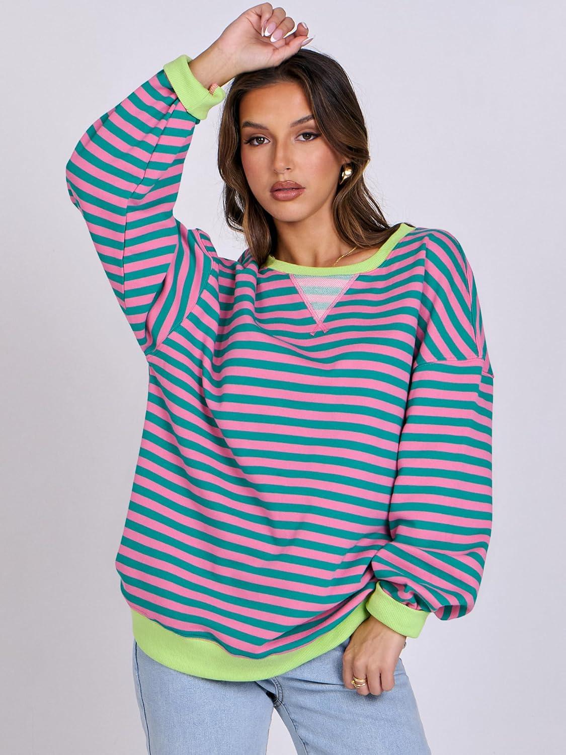 imageANRABESS Women Striped Sweatshirts Oversized Crewneck Long Sleeve Shirts Y2K Pullover Top 2025 Fall Outfits Fashion ClothesPink Green