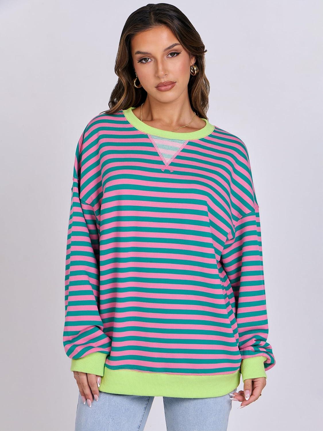 imageANRABESS Women Striped Sweatshirts Oversized Crewneck Long Sleeve Shirts Y2K Pullover Top 2025 Fall Outfits Fashion ClothesPink Green