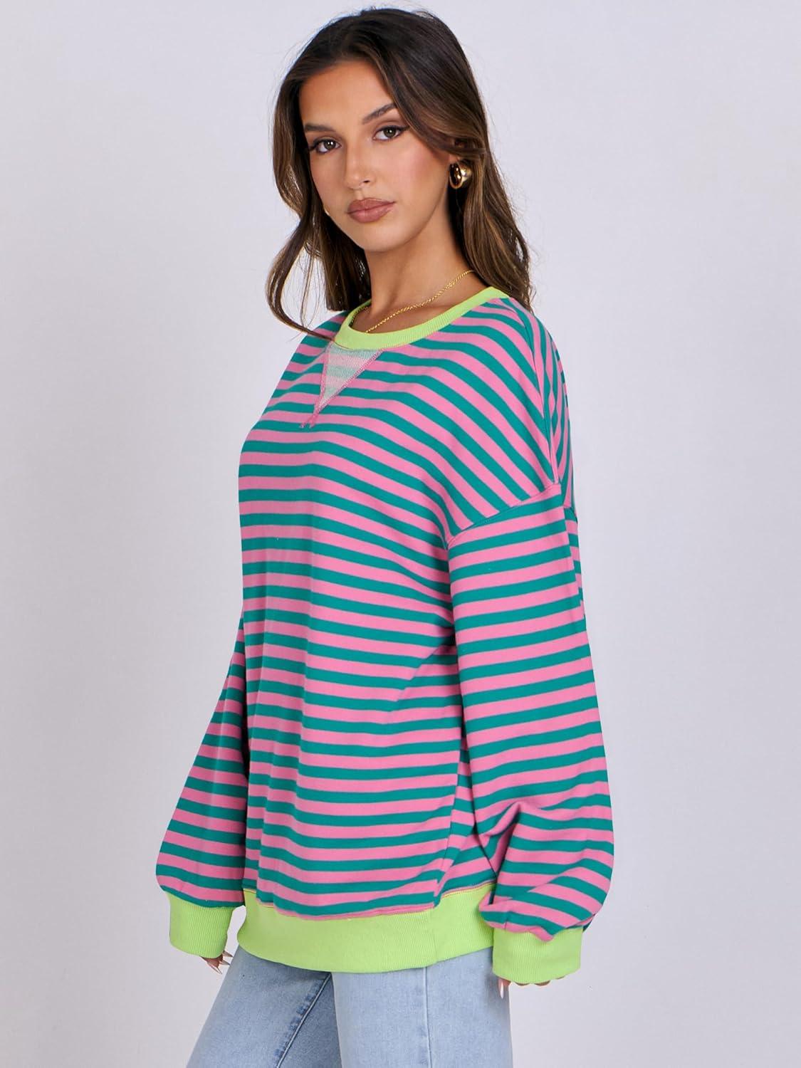 imageANRABESS Women Striped Sweatshirts Oversized Crewneck Long Sleeve Shirts Y2K Pullover Top 2025 Fall Outfits Fashion ClothesPink Green
