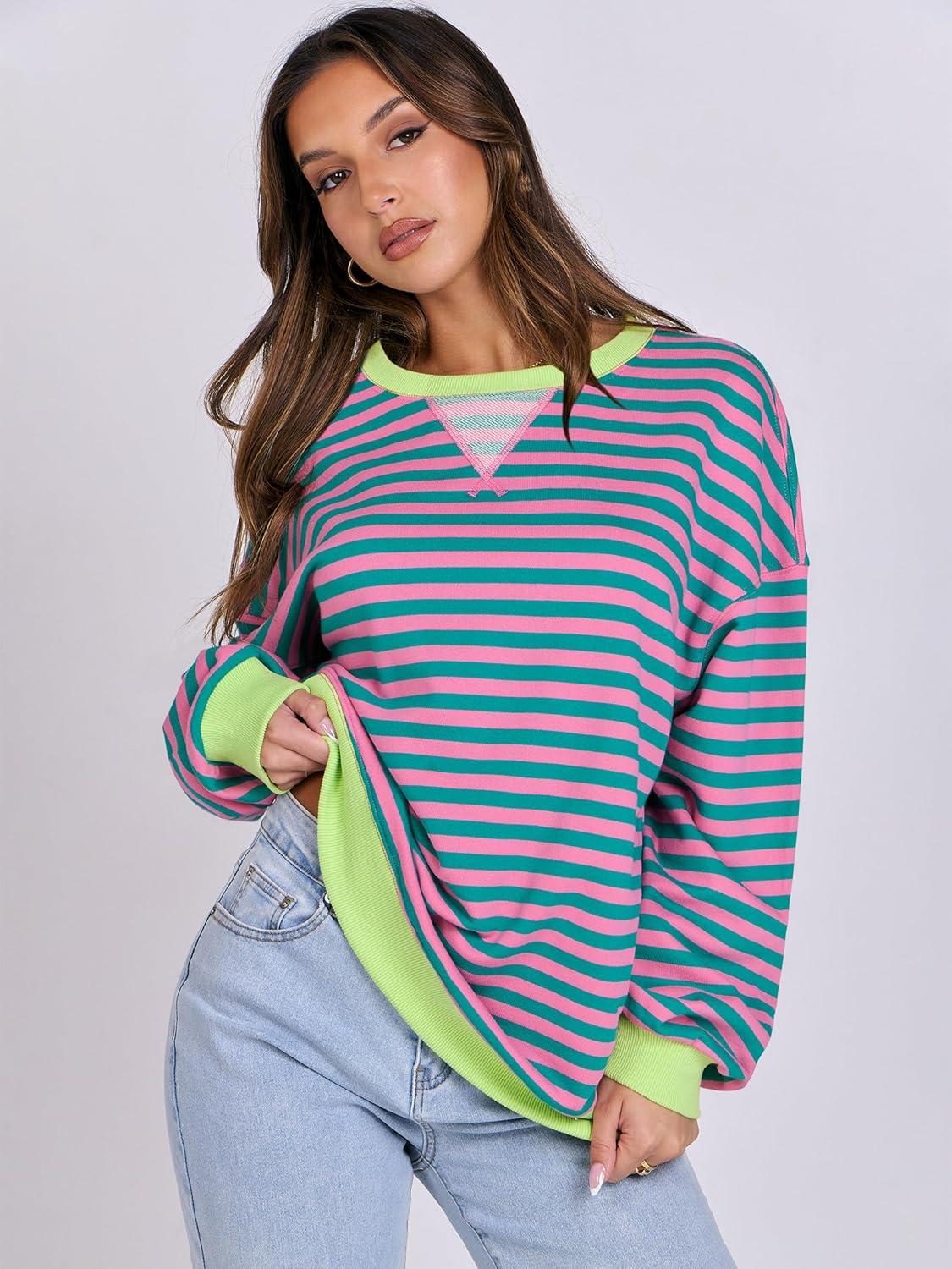 imageANRABESS Women Striped Sweatshirts Oversized Crewneck Long Sleeve Shirts Y2K Pullover Top 2025 Fall Outfits Fashion ClothesPink Green