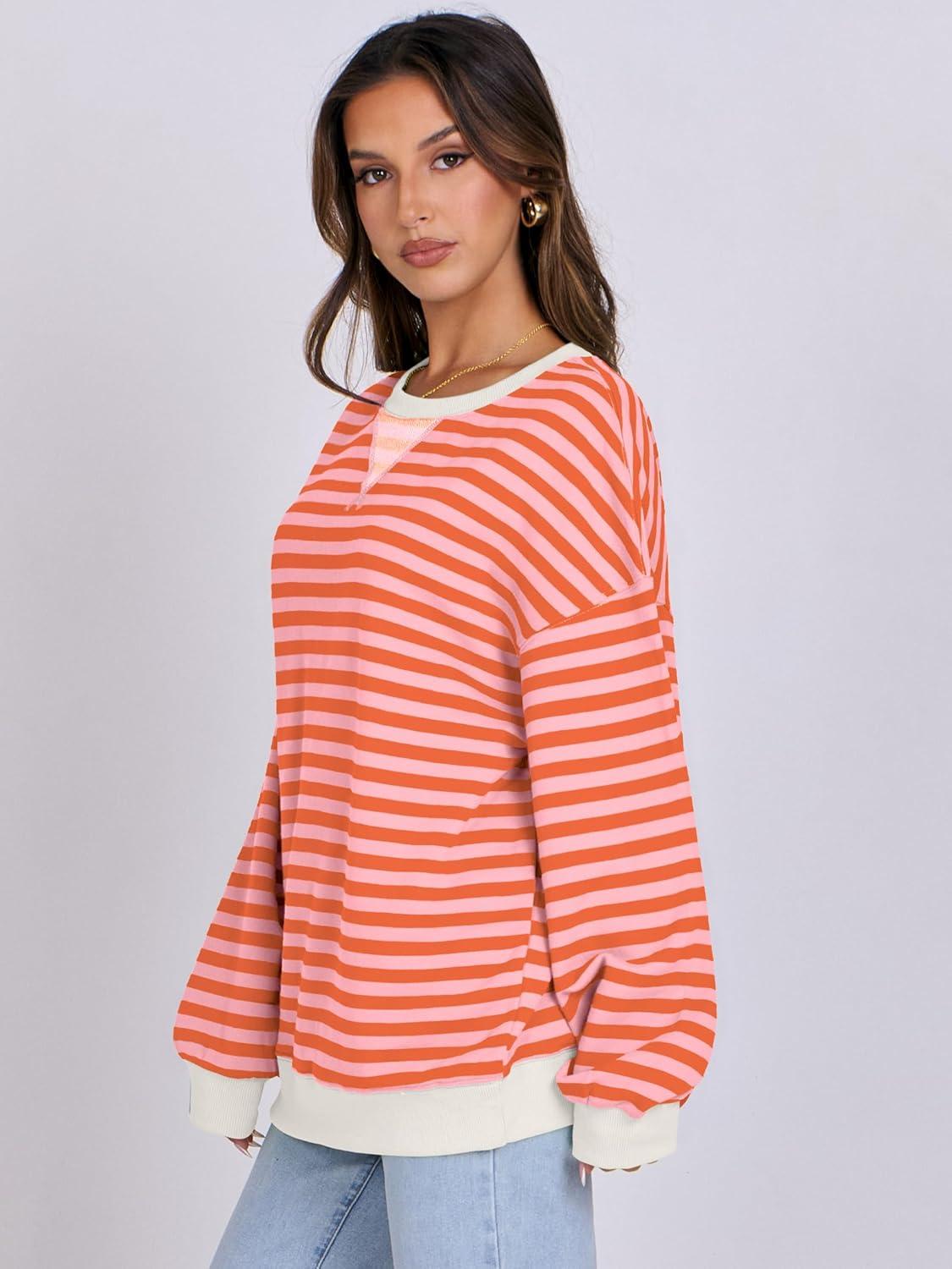 imageANRABESS Women Striped Sweatshirts Oversized Crewneck Long Sleeve Shirts Y2K Pullover Top 2025 Fall Outfits Fashion ClothesPink Orange