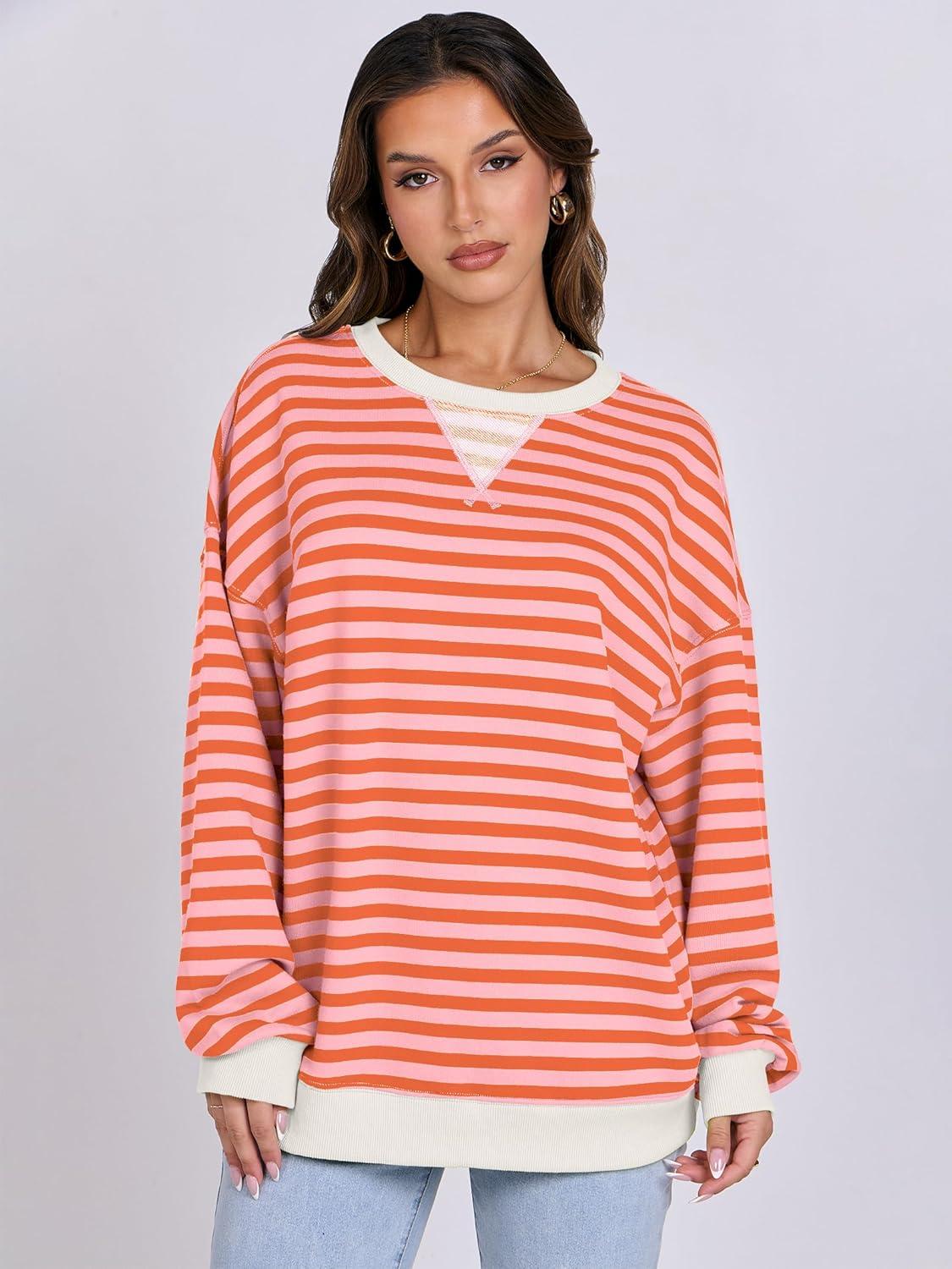 imageANRABESS Women Striped Sweatshirts Oversized Crewneck Long Sleeve Shirts Y2K Pullover Top 2025 Fall Outfits Fashion ClothesPink Orange
