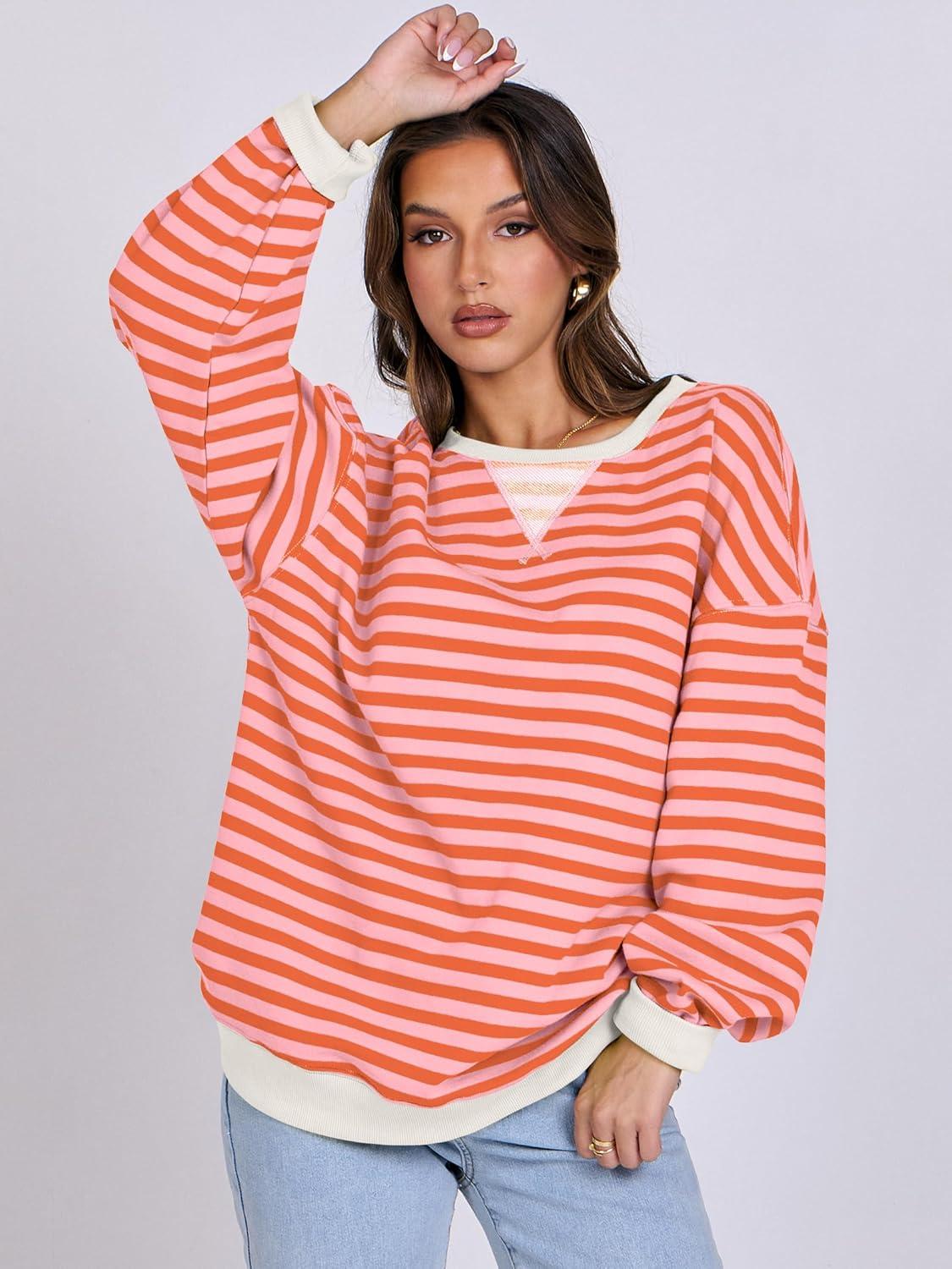 imageANRABESS Women Striped Sweatshirts Oversized Crewneck Long Sleeve Shirts Y2K Pullover Top 2025 Fall Outfits Fashion ClothesPink Orange