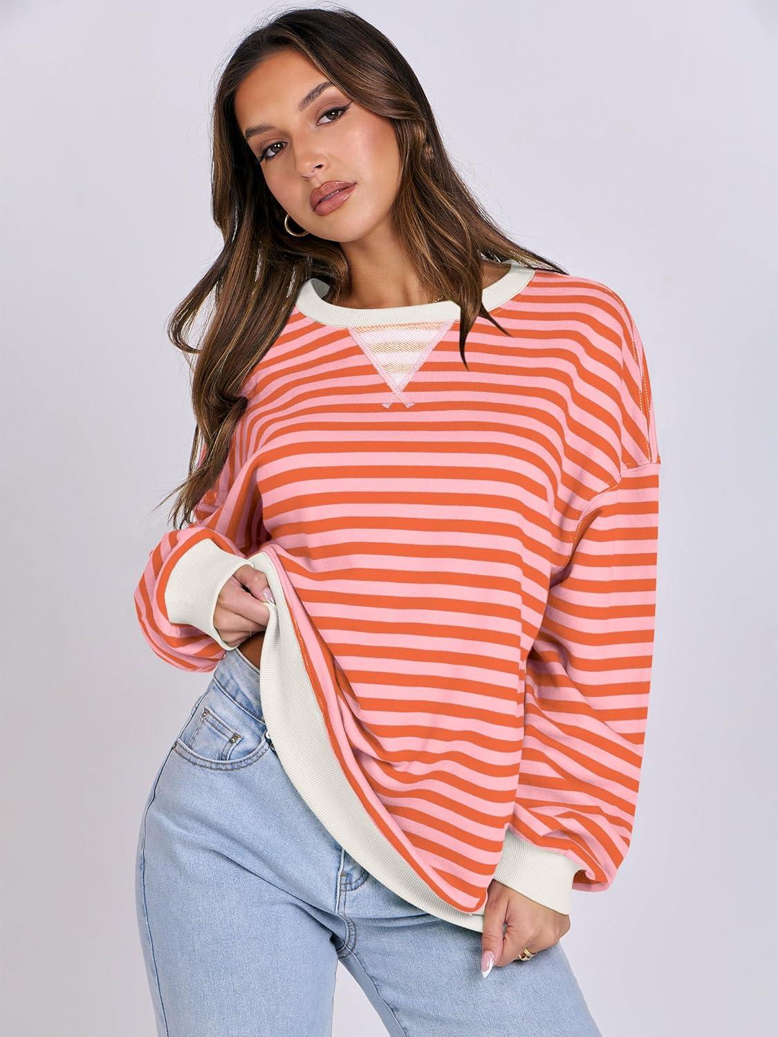 imageANRABESS Women Striped Sweatshirts Oversized Crewneck Long Sleeve Shirts Y2K Pullover Top 2025 Fall Outfits Fashion ClothesPink Orange